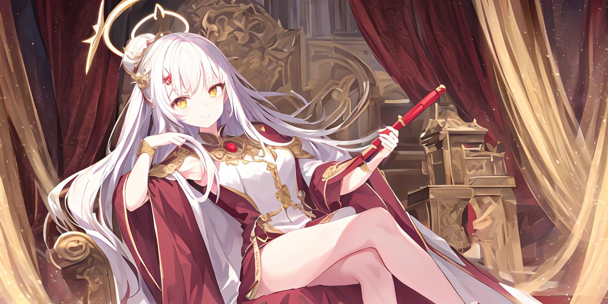 one-girl,On the scepter,seated on a throne,((A big, Light white red robe,The pattern is complex)),(独奏),(cute anime face),Gold eyes,long white hair,ssmile,The halo,(Sit on a low throne),In a magnificent castle,A high resolution,