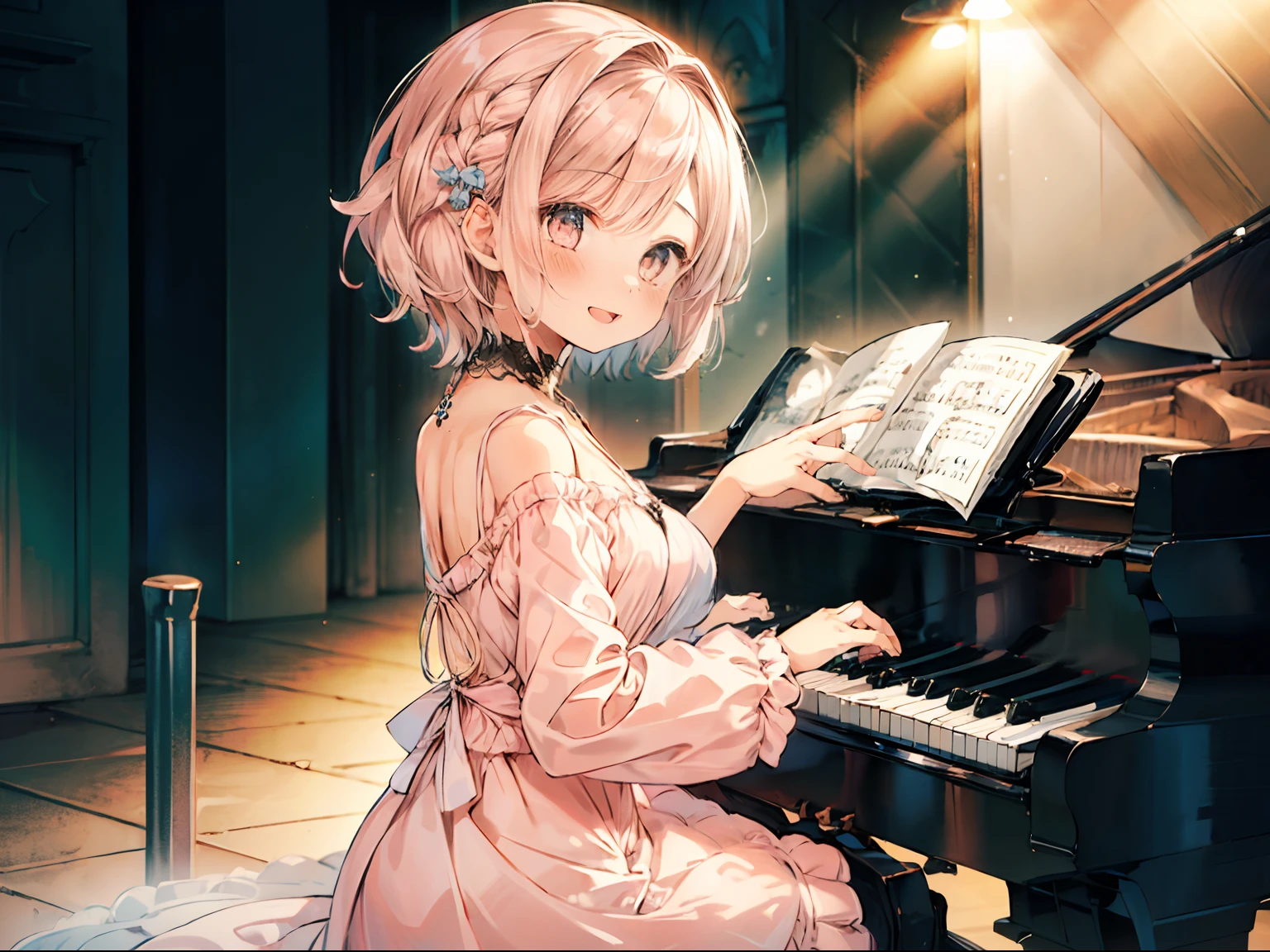 (short-cut:1.6) Sleek ginger hair, Best Quality, masutepiece, absurderes, hight resolution, (pastel color:1.5), (Soft colors:1.2), Fractal Art, BREAK (1girl:2), (Light pink:1.5), (happy smail:1.2), (Ruffled chiffon dresses:1.4), peaceful, best hand, BREAK white snake, (playing piano:1.4), sitting, white chair, white grand piano, (singing a song:1.4)