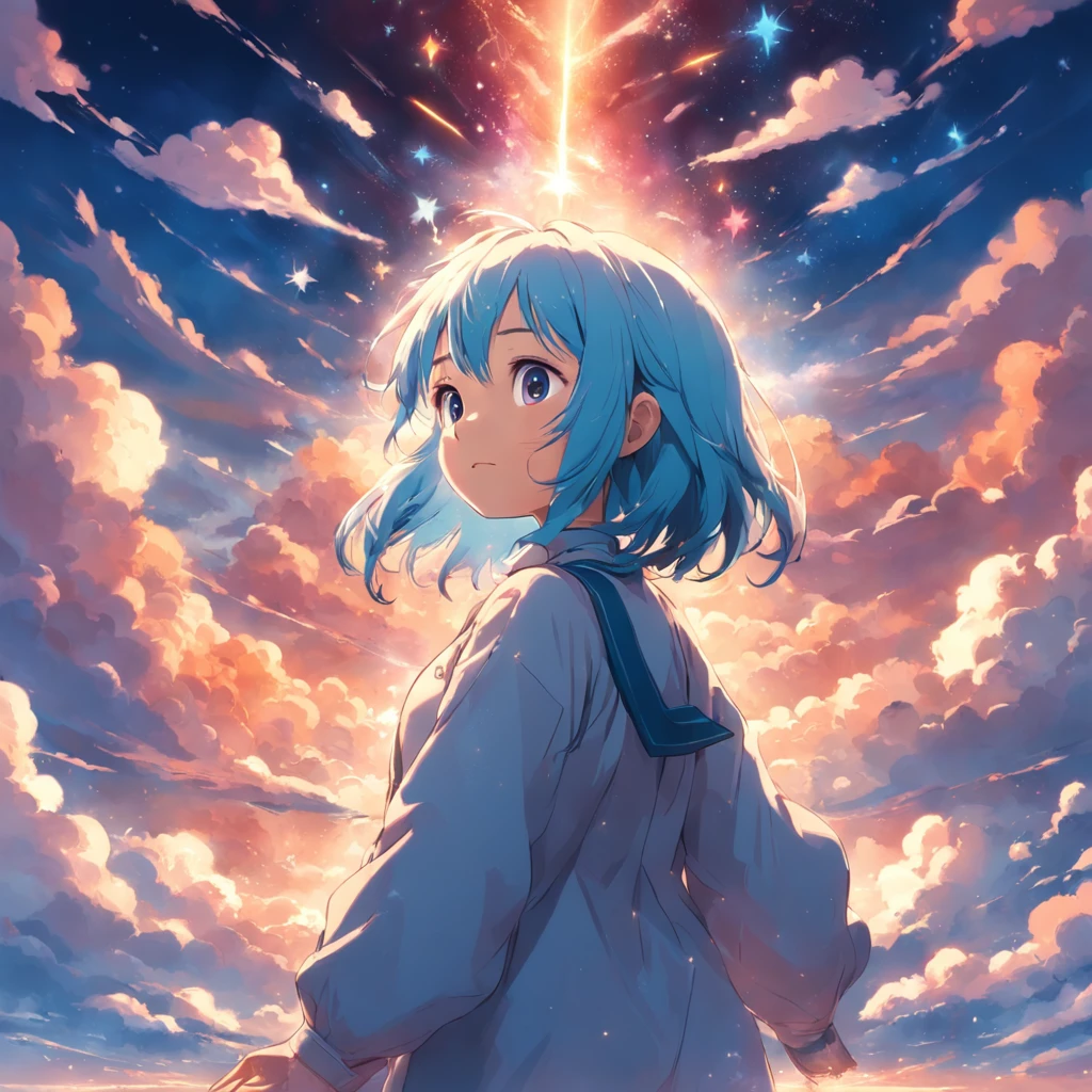 Masterpiece, Best Quality, Movie Stills, 1girl, Cloud Boy, Floating in the Sky, Close-up, Bright, Happy, Warm Soft Lights, Sunset, (Sparkle: 0.7)