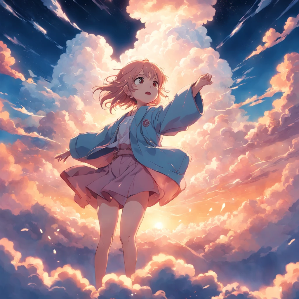 Masterpiece, Best Quality, Movie Stills, 1girl, Cloud Boy, Floating in the Sky, Close-up, Bright, Happy, Warm Soft Lights, Sunset, (Sparkle: 0.7)