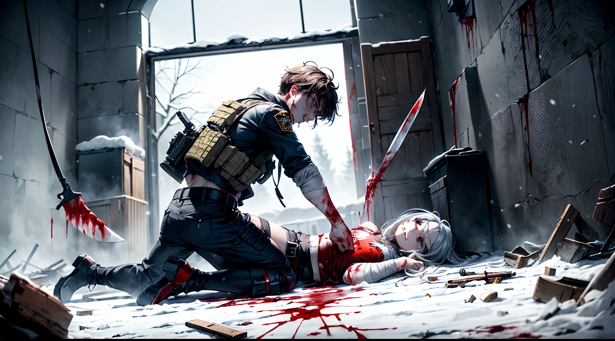(Highest image quality),(tmasterpiece),(Beautiful CG),(((Detailed facial depiction)),(All teammates died,Only his own heroic and tenacious resistance remained)full bodyesbian, 8K,A masterpiece,illustratio,Messy hair, (Carefully portray the eyes),full bodyesbian(Carefully portray the body),raging fire,female pervert,swat,Thrown by the enemy in a wasteland,Hurt expression,Knee protectors,Silver hair,long whitr hair,G-cover,Black combat uniform,Black combat pants,bulletproof vest,Tactical headsets,Tactical training boots,Blood-stained hair,Knee protectors,Bracers,Ankle pads,elbow pads,Blood at the corners of the mouth,The right shoe is frayed,The socks are also broken,The foot is bruised,The legs were covered with bloody bandages,He was slashed 14 times in his left leg,Shot in the right leg,Fractures of both legs,Torn ligament in the left shoulder,Inserted into the back with a knife,Shot 8 times in the back(Preserve the wound with the machete)(Blood is rendered on a large area of the wound)Look straight into the camera,Covered in blood!!!bloods!bloods!bloods!bloods!gallant,Stabbed through the stomach by 4 bayonets and pushed back,Also fired 9 shots in a row in the stomach, (Save all wounds,Broken,Stained with blood,Blood bandages are tied to the wound)Battle damage,Defeat,Gun in hand,The beaten head broke the blood flow,The whole body was covered with blood marks drawn by the whip!bloods!bloods!bloods!bloods!Covered in blood!Covered in blood!Covered in blood!Sit in the snow,Back against the wall,Blood all over the ground
