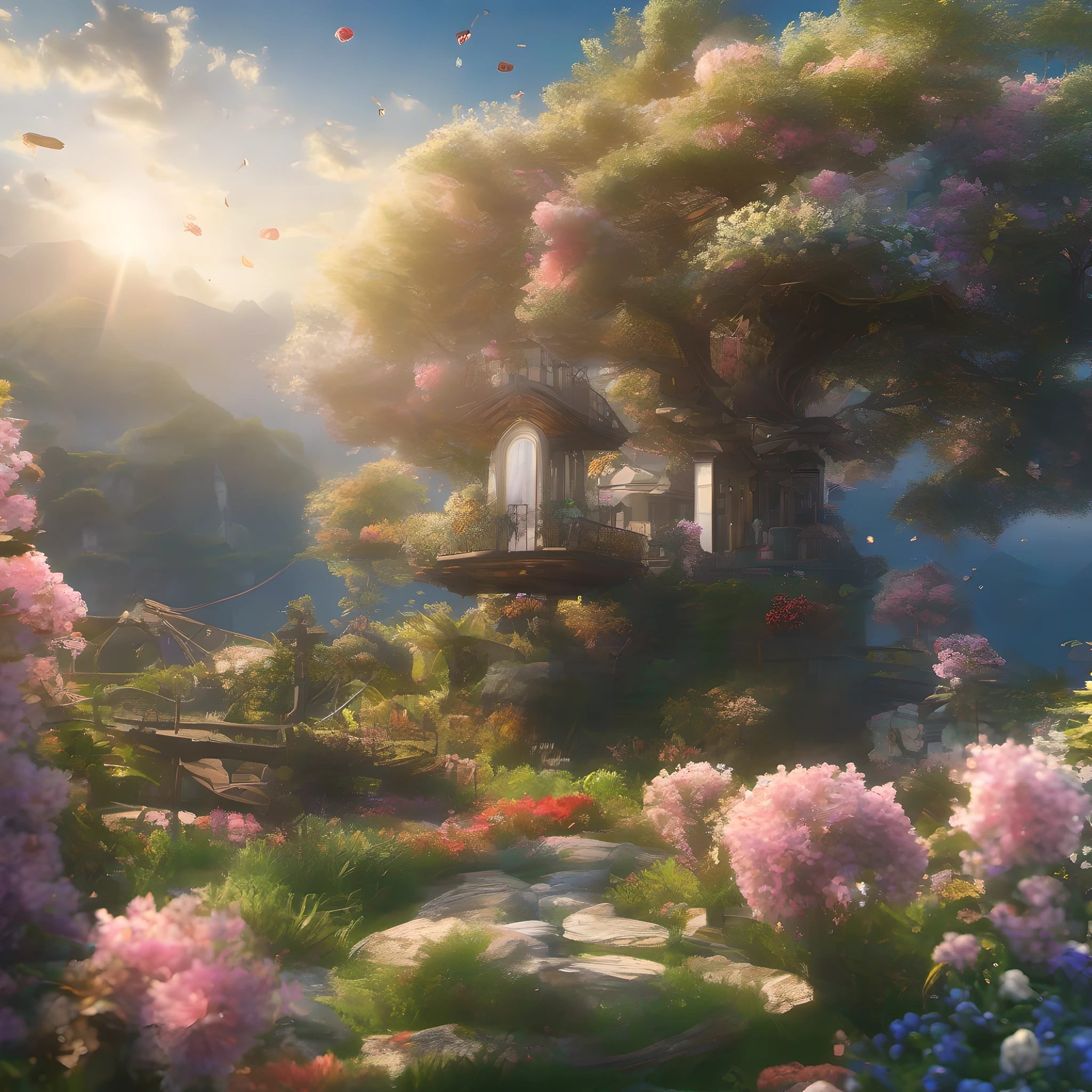 ccurate, best quality, masterpiece, UHD, high details, award winning, (Amazing:2.0), (Surrealism), Conceptual art, Verism, cinematic lighting, floating island in the sky, (((beautiful flower garden))), Horizon, blue sky, paradise scenery, flowers, wind flow, (((fantasy))), frontier, (magnificent space), blurry foreground, bokeh, Hasselblad, lens flare, beautiful school girl, (17 yr old), ((((full body)))), from behind, she moving, without looking at me, (((wearing school uniform))), black eyes, black hair, (floating hair), ((8 life size)), detailed hairstyles, detailed bodyline, anatomically correct, cute face, ((accurately portray her)),
