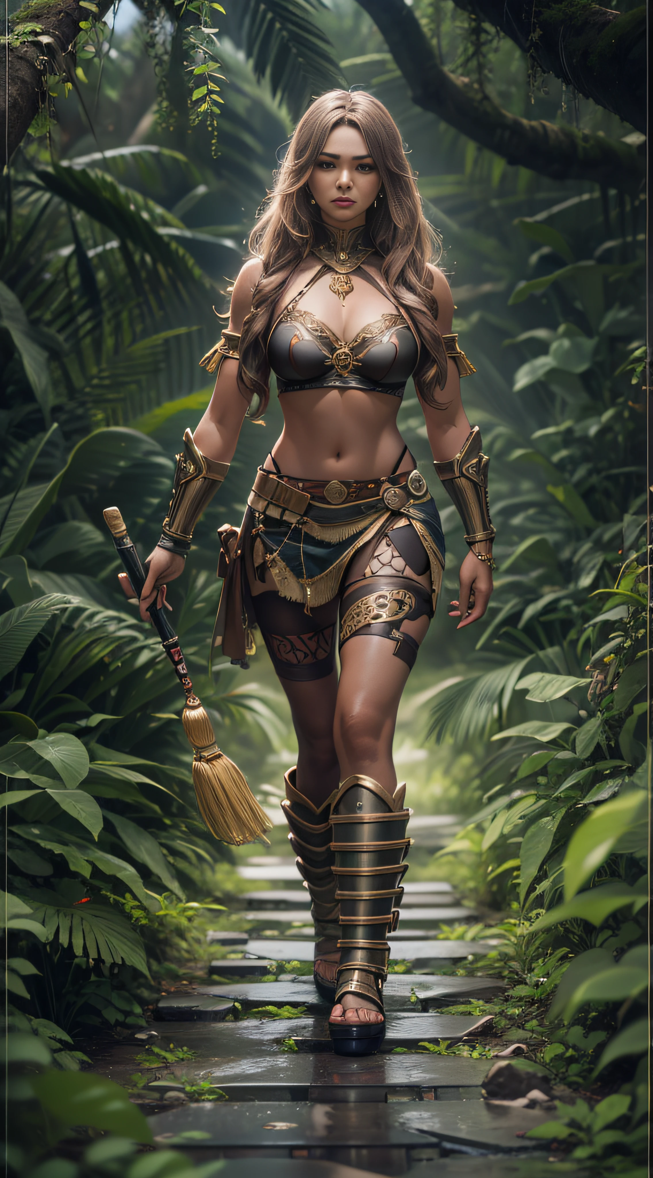 Full body Perfect beautiful sexy Princess Warrior Amazon 20- year- old, walking in the jungle, perfect composition, perfect face, eyes framed in its contour, centered image, ultra detailed, wide angle, octane render, volumetric lighting, broken glass, intricate detailed, epic, heroic, 3D image, 32K resolution. Style: Photography cinematic 50mm lens, Aperture F2.5, full frame