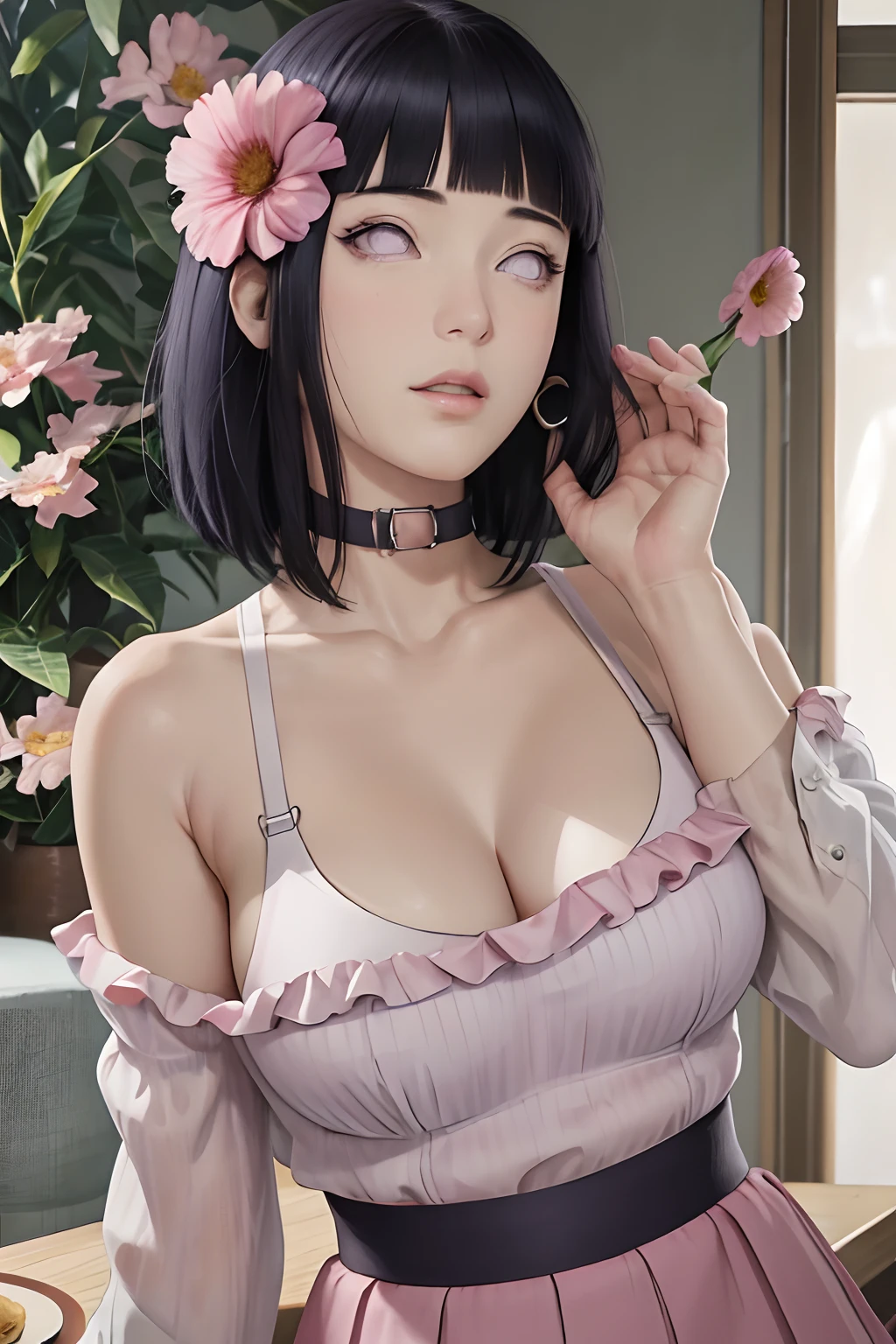 in the night city,masterpiece, absurdres, hinata hyuga, 1girl, solo,mature female, spaghetti strap top, high waist short skirt, upper body, from below,  cameltoe, white panties, looking at viewer, (falling petals), perfect composition, detailed lips, big breast, beautiful face, body propotion, blush, (pink lips), long hair, purple eyes, soft gaze, super realistic, detailed, photoshoot, realistic face and body, detail body, detail finger, sexual expression, seductive expression,