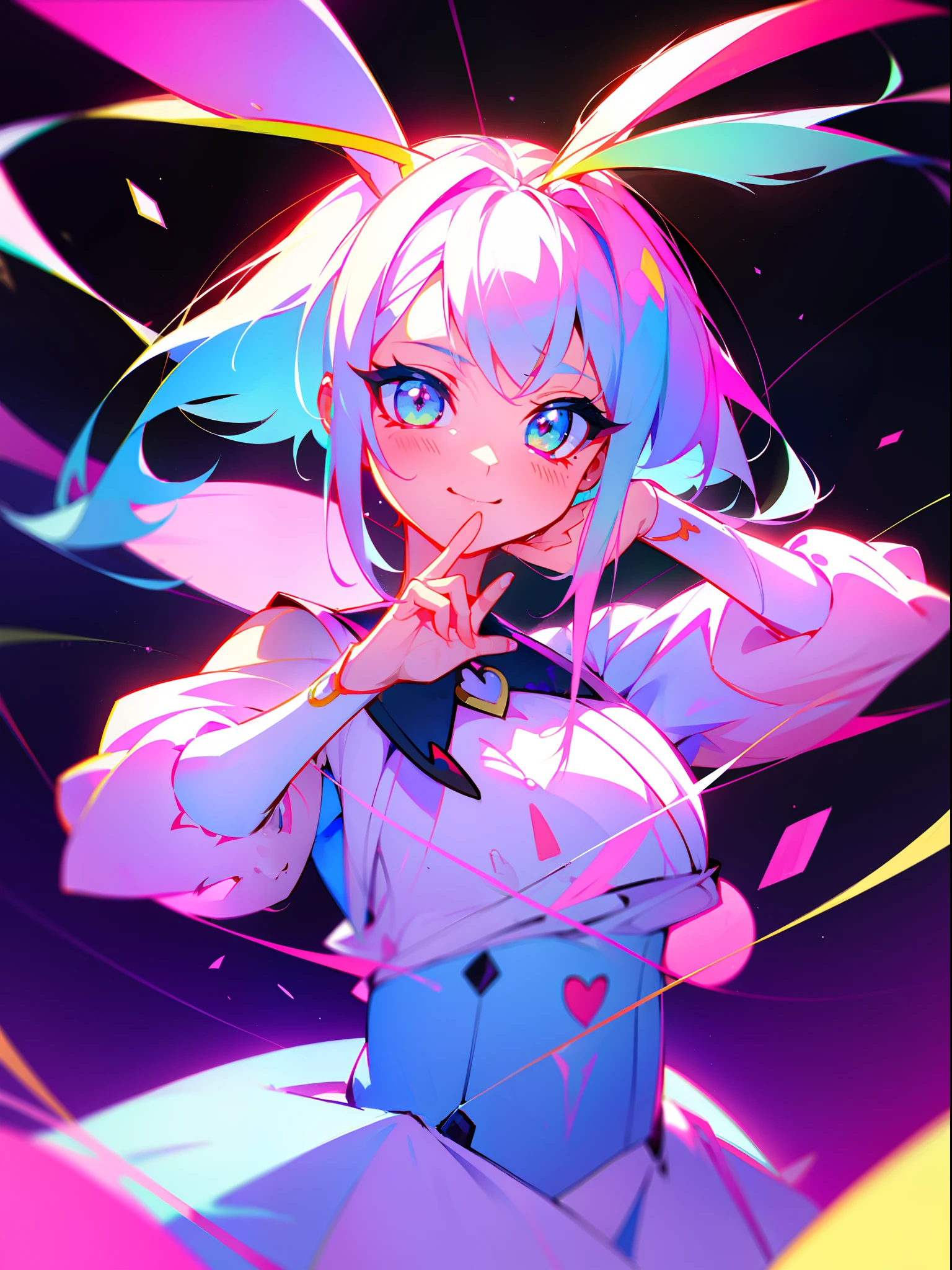 Anime girl with rainbow hair and rabbit ears, pink twintail hair and cyan eyes, cute anime waifu in a nice dress, anime moe art style, Splash art anime ****, portrait of magical girl, nightcore, zerochan art, Cute anime girl, (Anime girl), style of anime4 K, Digital art on Pixiv, Anime waifu，sticker art，Q version，Happy expression，Game console in hand。