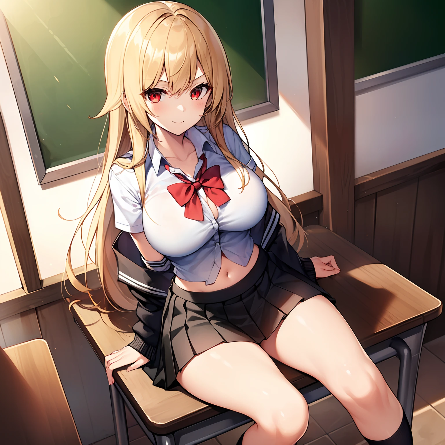 1girl in, Solo, perfect bodies, (top-quality:1.5), masutepiece, nffsw、Shaders、Brilliant Textured Work、hi-school girl、a blond、(Black School Uniform:1.5)、(Black flared skirt:1.5)、Navel、Attractive red eyes、An inviting smile、Sitting at a desk、Skinny Legs、You can see the valley、large full breasts、length hair、Straight hair、Raw feet、Ribbon on uniform、serious faces、break、sharp eye、(gals:1.5)、sun burn、Wearing a uniform、Cardigan on the waist、