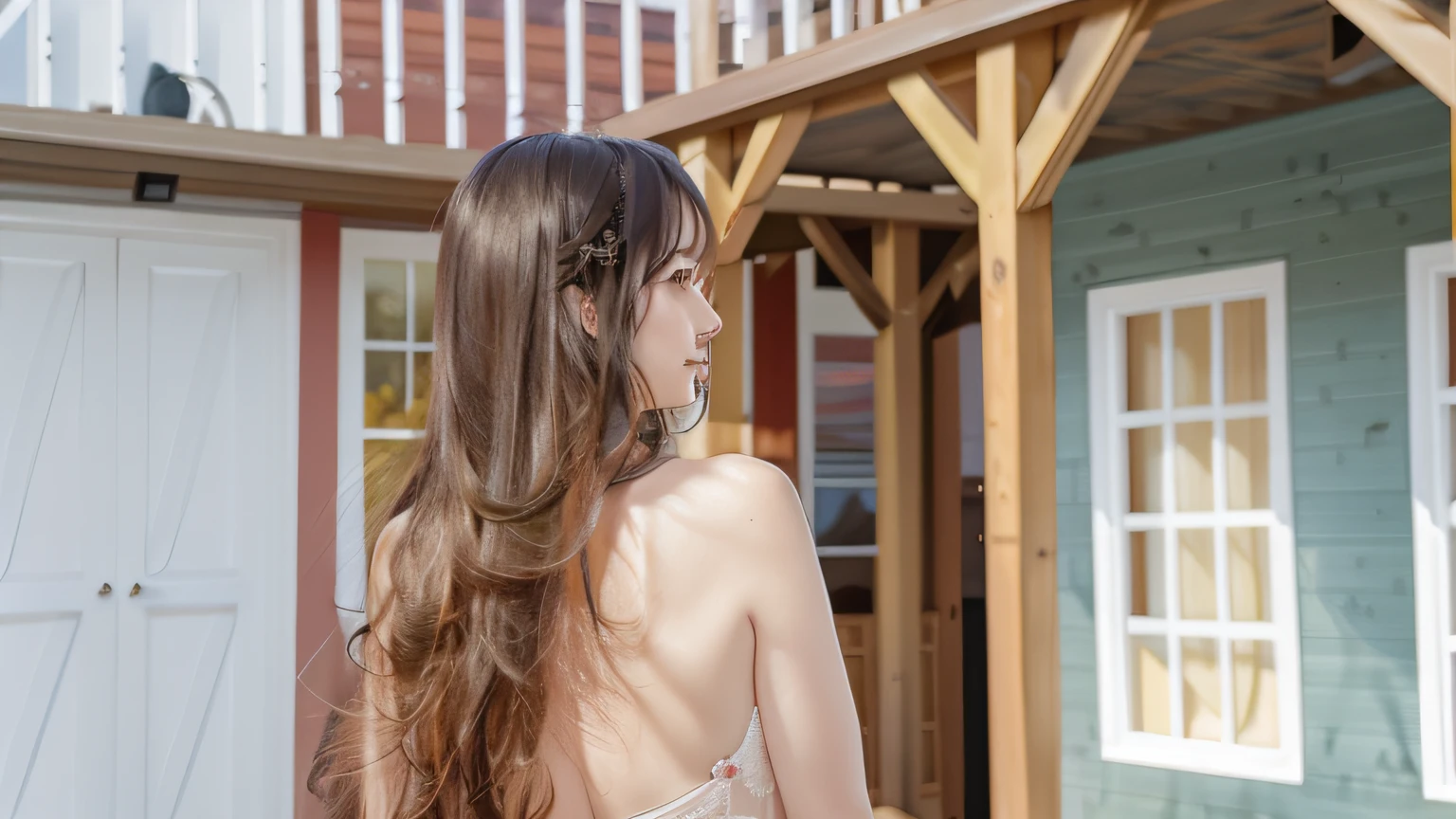 there is a woman with long hair standing outside of a building, asian girl with long hair, showing her shoulder from back, looking away from camera, looking away from the camera, taken with canon eos 5 d mark iv, photo from behind, over the shoulder view, a young asian woman, taken with canon eos 5 d, girl with long hair, young beautiful woman