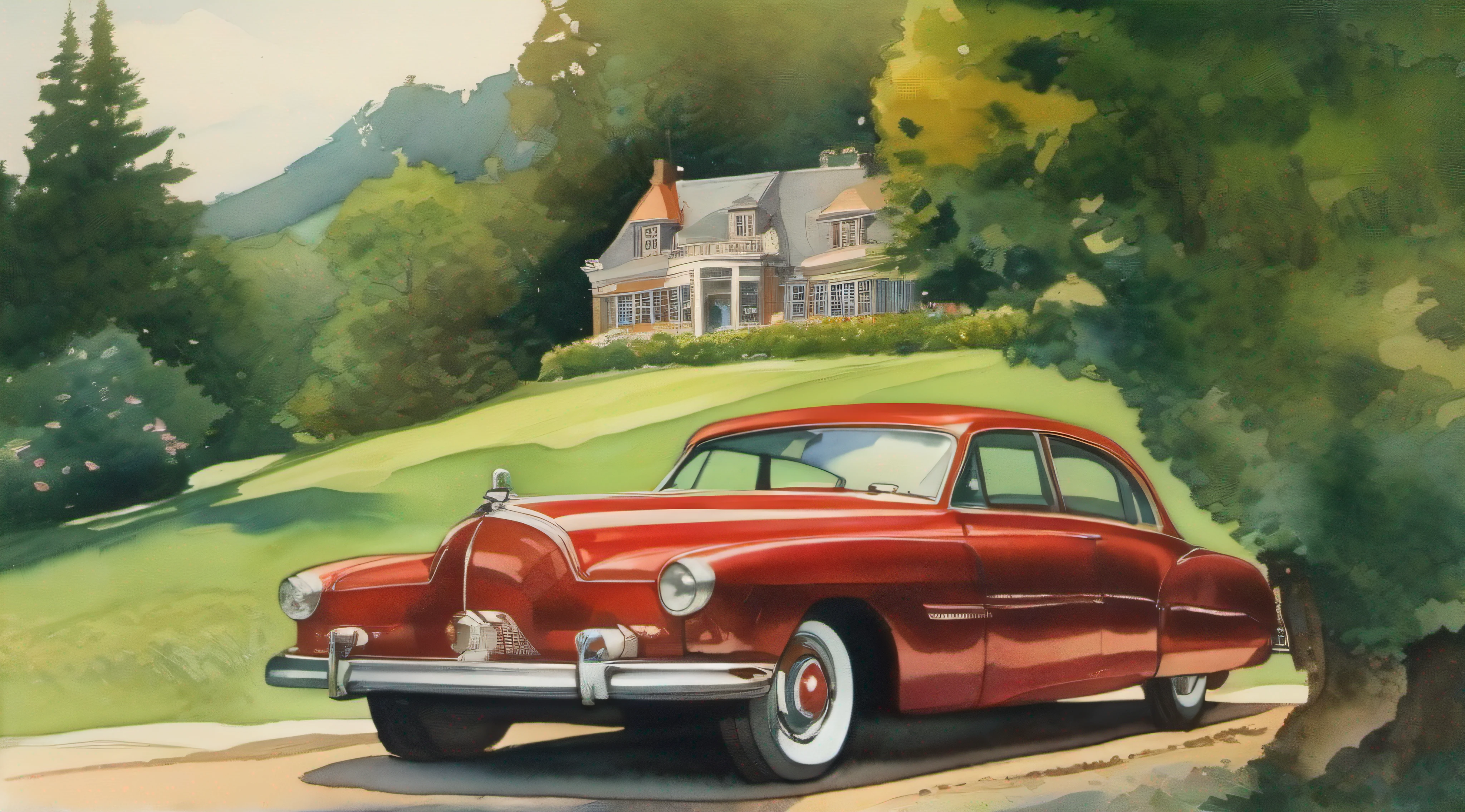 a watercolor painting that captures the beauty of a hill with living trees and an imposing stone house, A dark green classic car from the 40s adding charm, influence of Winslow Homer