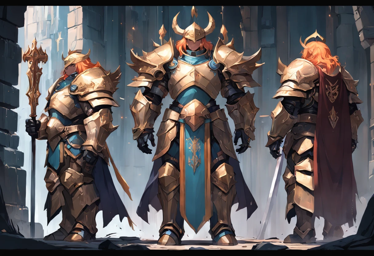 Game character design，holy paladin，Quaint and heavy armor wraps the entire body，shelmet，Holding a stout and ornate scepter，heavy boots，Different angles，4 people，frontage，Lateral face，on  back，A half body（full bodyesbian：1.4），solid color backdrop，clean backdrop，depth of fields，high light，Real light，Ray traching，oc rendered，Hyper-realistic，best qualtiy，8K，Works of masters，super-fine，Detailed pubic hair，Correct anatomy，