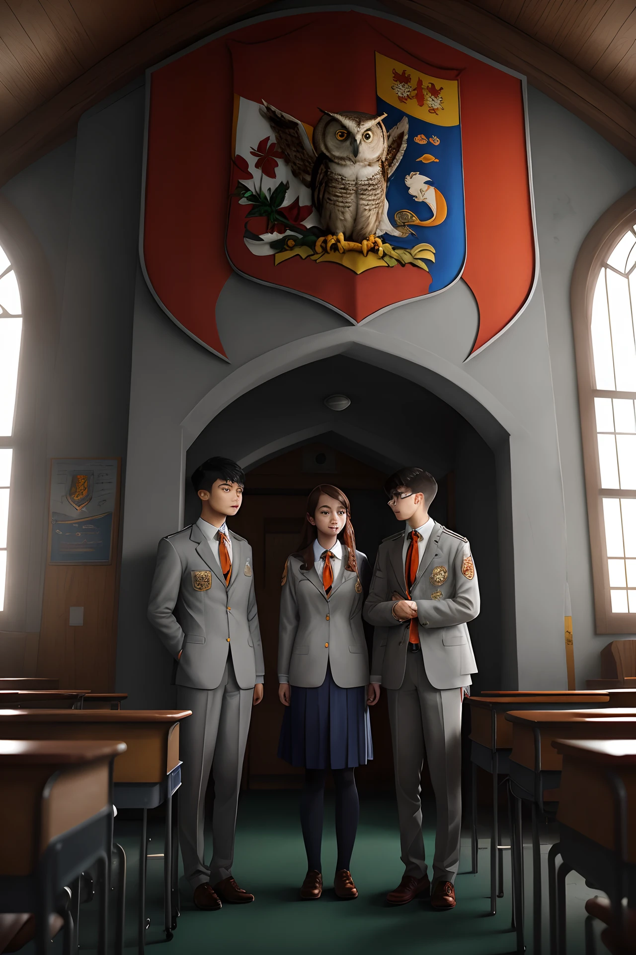 Students at a school wearing uniforms in white, gray and orange, with the school's coat of arms, an owl inside a shield, emblazoned on the chest.