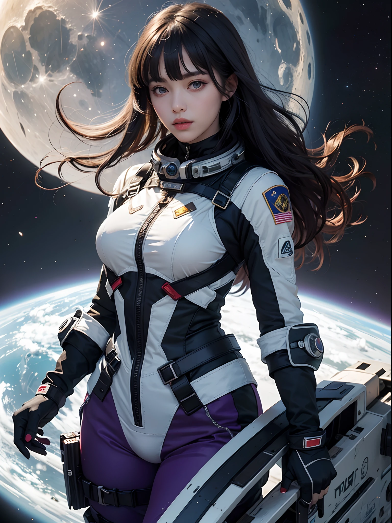 Unbeatable masterpiece, Ultra photo realsisim, Perfect artwork, Intricate details, Best quality, Strong light,High contrast, Solo , Large breasts , Misiphus , 1girll ,(Spacesuit:1.1) , Patterned epaulettes, furnace , Staravia , themoon ,Misiphus , Floating hair , Floating in the air ,Science fiction , space station , helmet in hand ,Headgear , Black hair , Wavy hair , Long hair ,(Blunt bangs) , Floating hair , Purple eyes ,White pupils