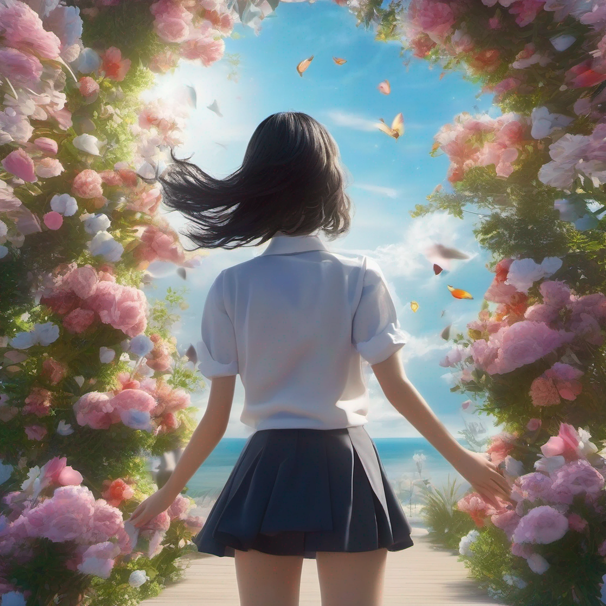 ccurate, best quality, masterpiece, UHD, high details, award winning, (Amazing:2.0), (Surrealism), Conceptual art, Verism, cinematic lighting, floating island in the sky, (((beautiful flower garden))), Horizon, blue sky, paradise scenery, flowers, wind flow, (((fantasy))), frontier, (magnificent space), blurry foreground, bokeh, Hasselblad, lens flare, beautiful school girl, (17 yr old), ((((full body)))), from behind, she moving, without looking at me, (((wearing school uniform))), black eyes, black hair, (floating hair), ((8 life size)), detailed hairstyles, detailed bodyline, anatomically correct, cute face, ((accurately portray her)),