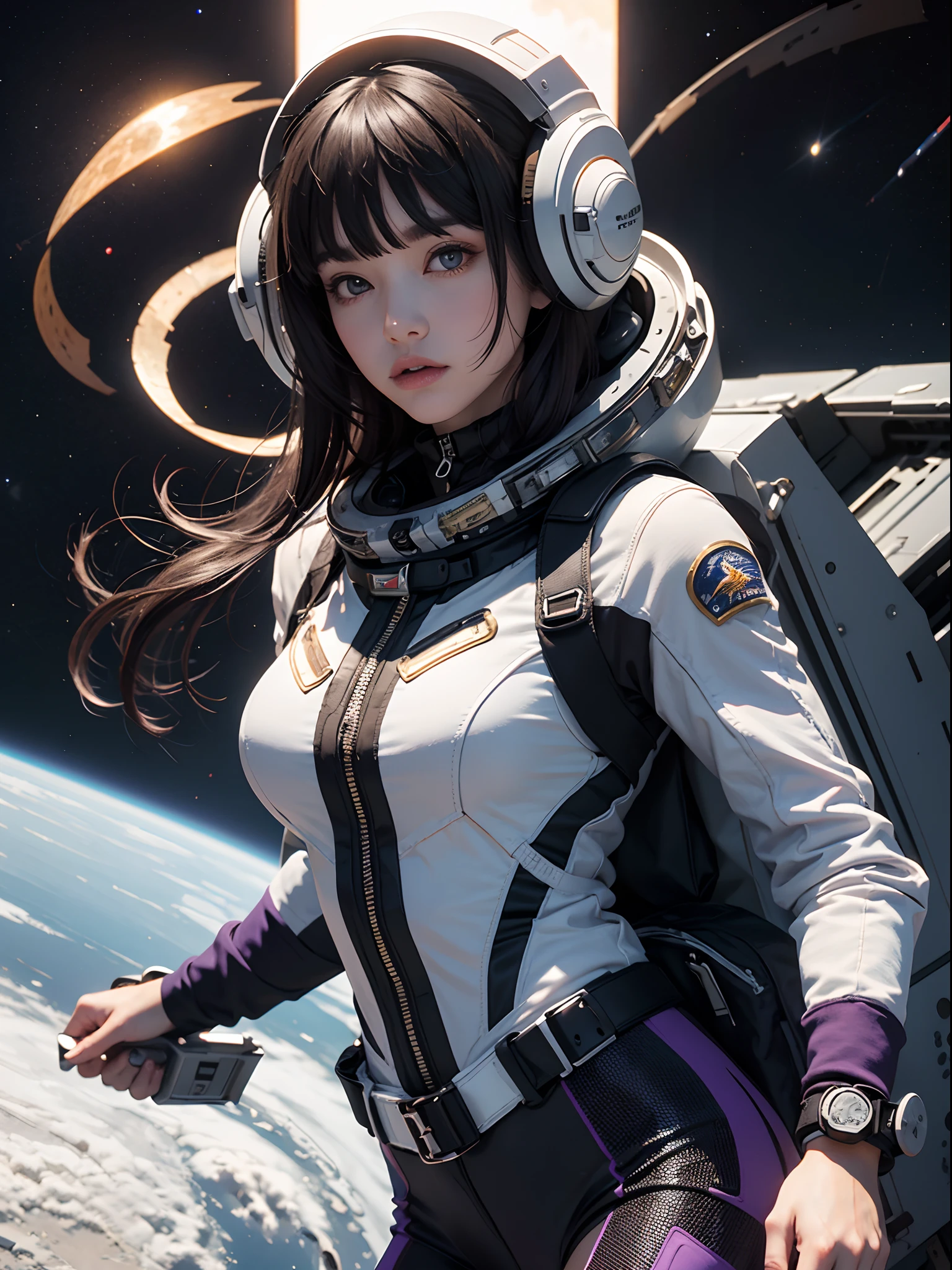 Unbeatable masterpiece, Ultra photo realsisim, Perfect artwork, Intricate details, Best quality, Strong light,High contrast, Solo , Large breasts , Misiphus , 1girll ,(Spacesuit:1.1) , Patterned epaulettes, furnace , Staravia , themoon ,Misiphus , Floating hair , Floating in the air ,Science fiction , space station , helmet in hand ,Headgear , Black hair , Wavy hair , Long hair ,(Blunt bangs) , Floating hair , Purple eyes ,White pupils