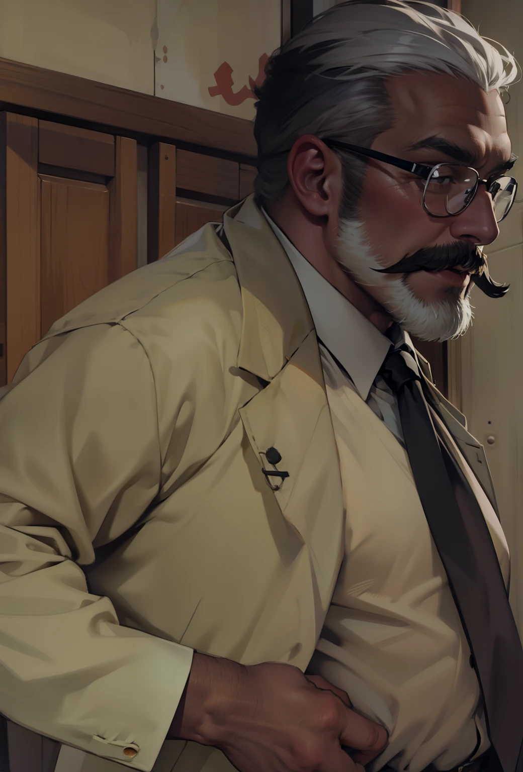 cheeks are fat,mustache,white hair