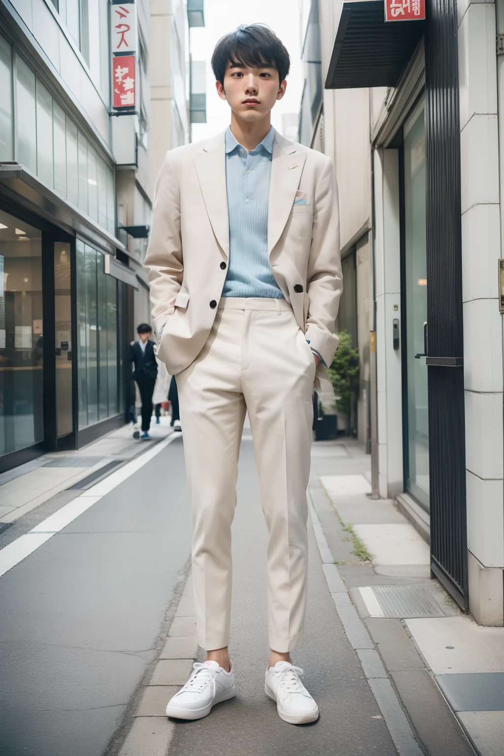 Portrait of 20 year old Japan man in street style. He wears a lightweight tailored suit appropriate for spring and summer, Combination with a shirt in pastel colors. The outfit will be completed with white sneakers, Mix business and street atmosphere.