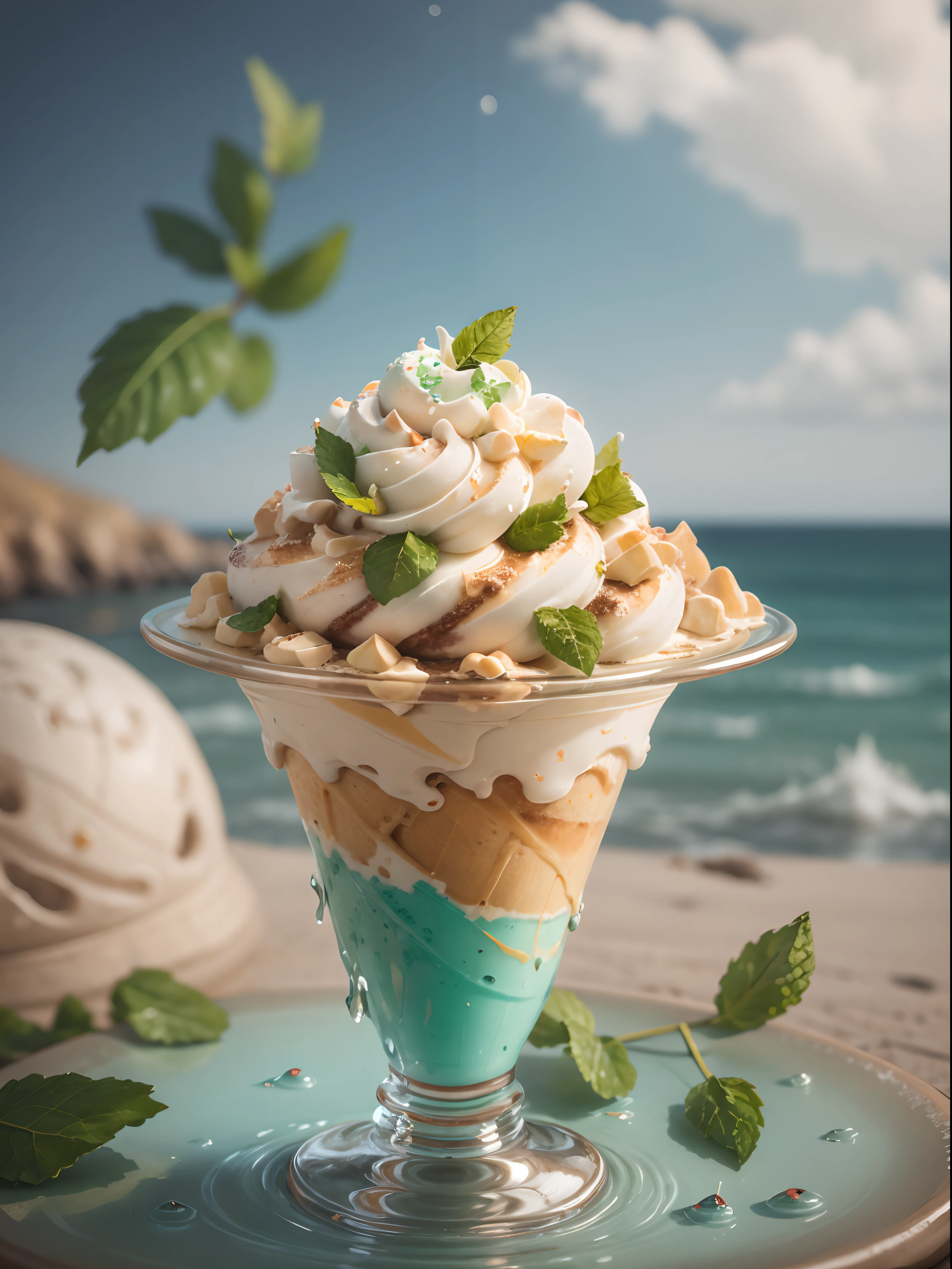Italian gelato topped with topping, summer feel, Delicate, Ultra-detailed, Soft light, Deep field focus bokeh, Ray tracing, distracted, Ultra-fine, The background is the coast, (Ultra-fine glass reflection)、Garnish mint leaves、