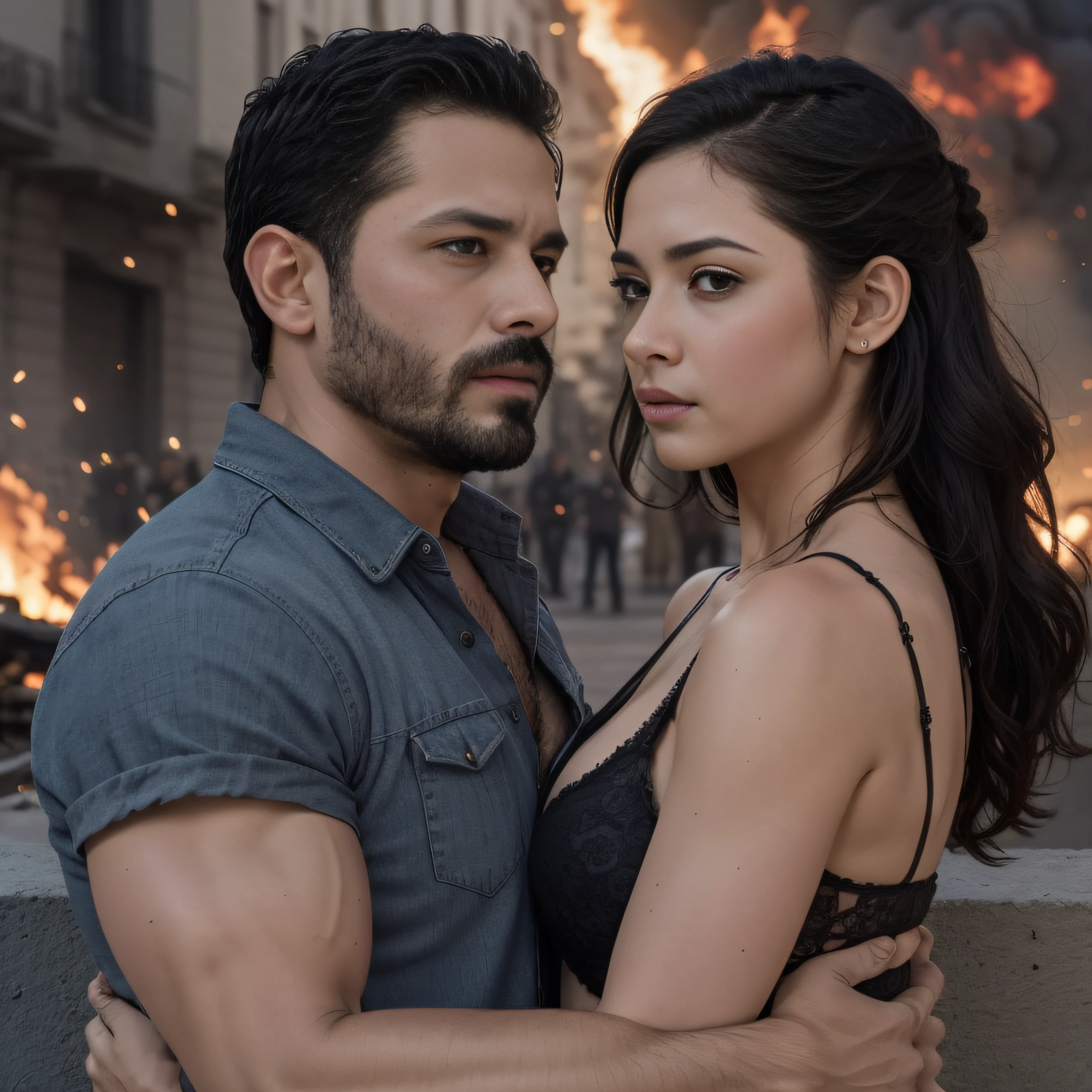 "Attractive man and woman in an action movie scene with explosions and fire, cuerpos musculosos, barba, rostros detallados y expresivos".