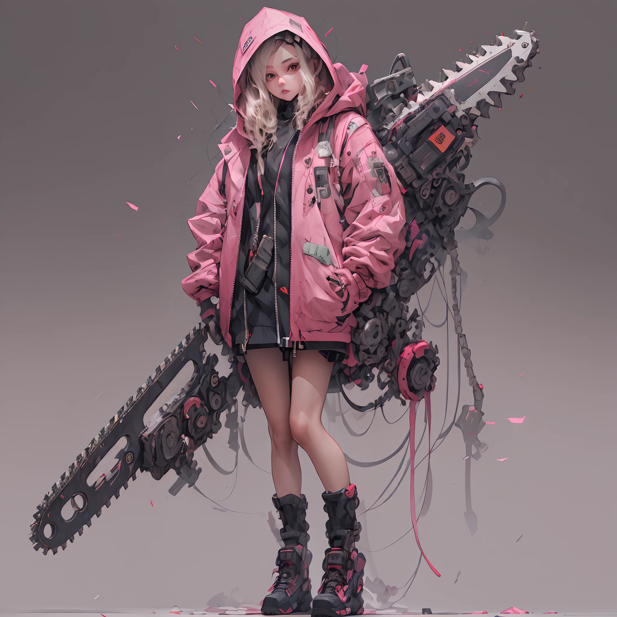 absurdress, hight resolution, Ultra Detailed,
1girl,pink and black oversized jacket with hood,full - body,
holding mechanical chainsaw,