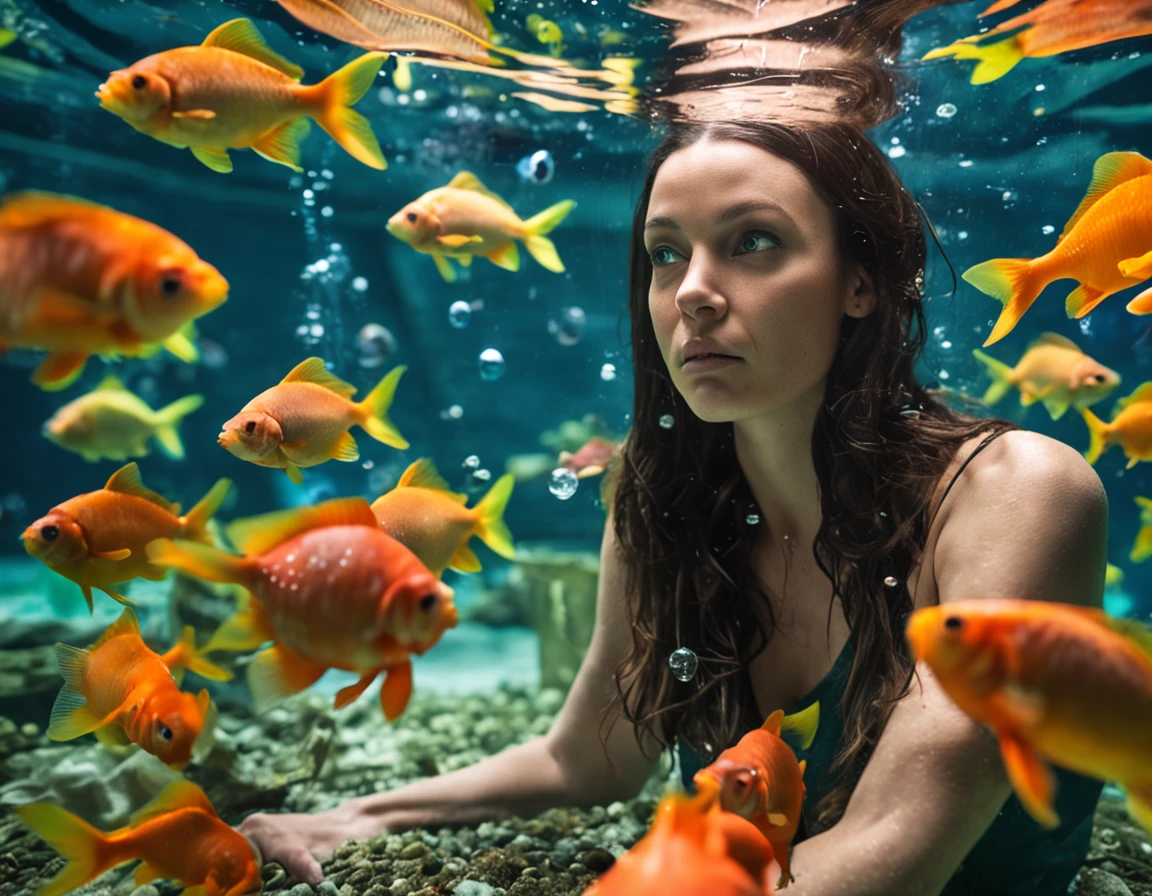 (Adult Spanish woman:1.6), (with a round aquarium on his head full of water and goldfish:1.3) (polyvinyl Jacket With Rivets:1.3), best quality, sunlight, detailed face, gorgeous eyes, realistic skin details, high quality, seen from below, romantic, high quality, film grain, Cinematic Light, sidelighting, sharp focus