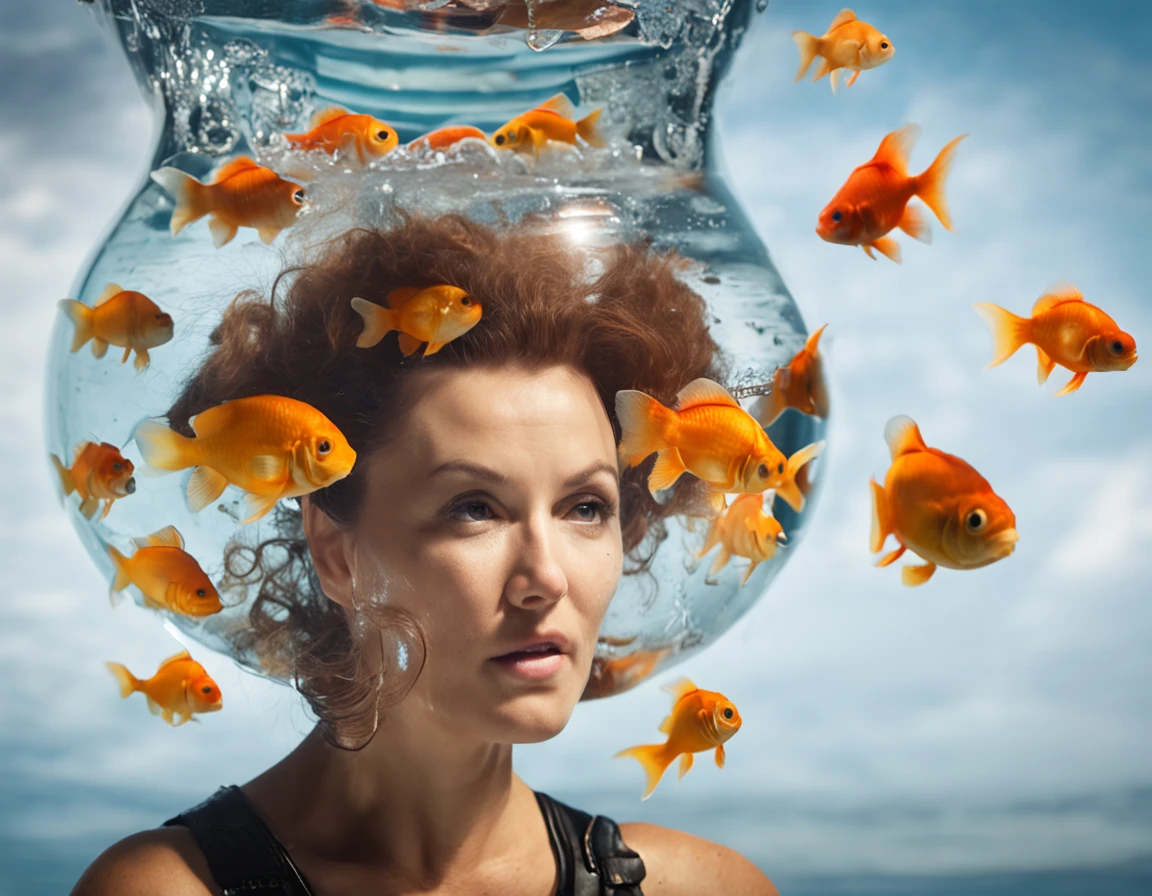 (Adult Spanish woman:1.6), (with a round aquarium on his head full of water and goldfish:1.3) (polyvinyl Jacket With Rivets:1.3), best quality, sunlight, detailed face, gorgeous eyes, realistic skin details, high quality, seen from below, romantic, high quality, film grain, Cinematic Light, sidelighting, sharp focus