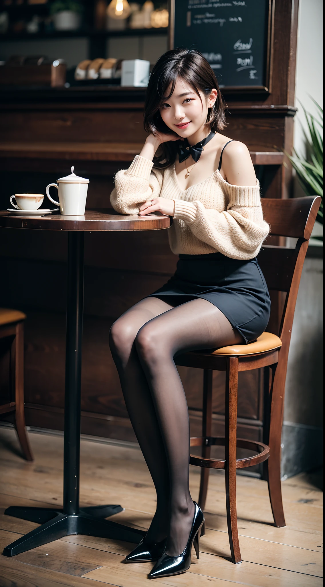 8k uhd, dslr,film grain, Fujifilm XT3,(best quality:1.3), (masterpiece:1.1), high resolution, cinematic light, intricate details, (photorealistic),outside,beautiful outside,sunny,
korean girl,(in cafe:1.5) , dimples, bobcut, looking at viewer, detailed trees, ribbons, bowties, bare shoulders, ribbed sweater, 
pencil skirt, high-waist skirt, head rest, sitting, indoors,
 necklace,black pantyhose, sheet transportation sweater, (smile),(full body:1.6),slender,