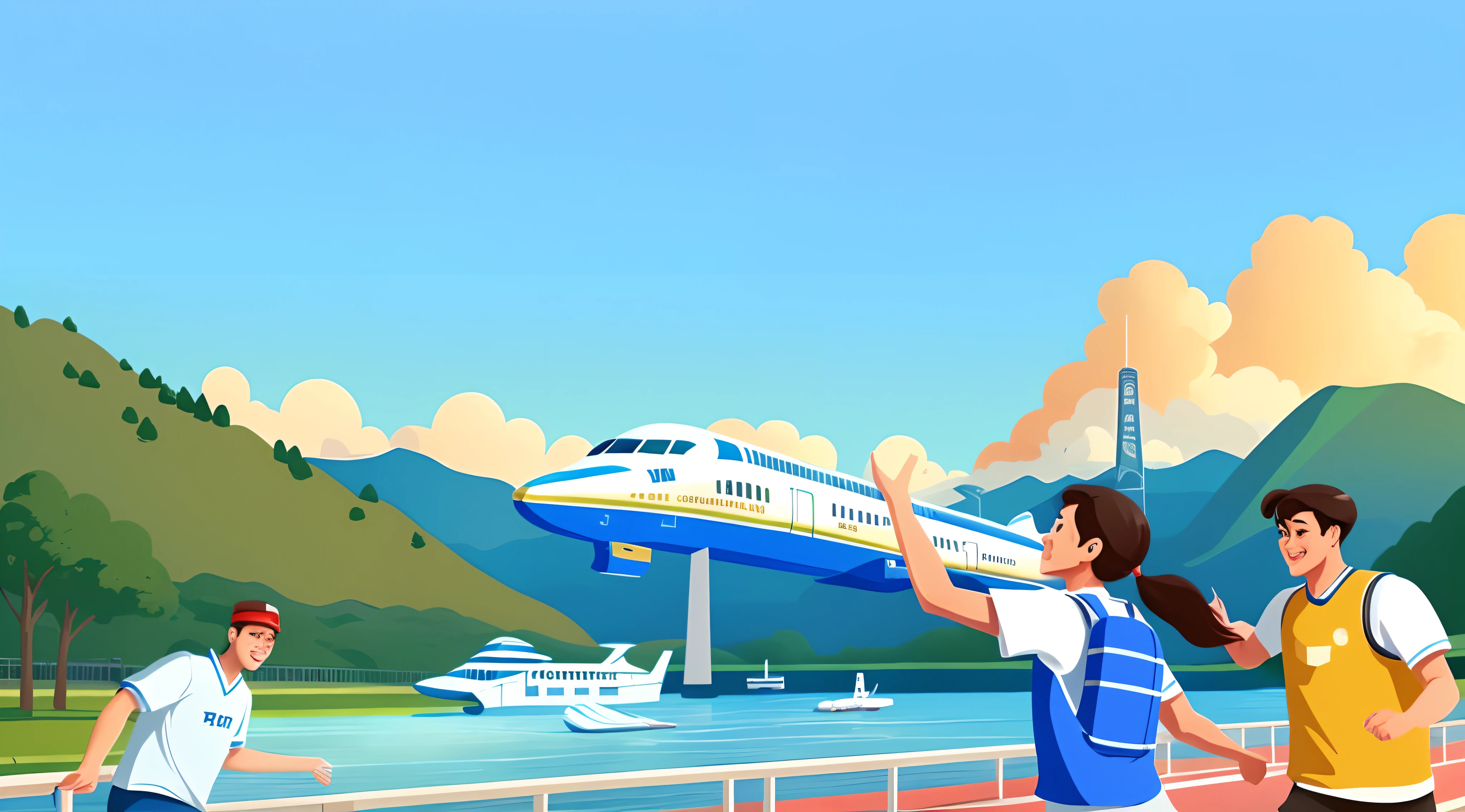 People running on rivers and tracks near airplanes, Commercial illustration, Wallpaper phone, Flat illustration, the wallpaper!, 🚿🗝📝, supersonic trains and passengers, Stylized digital illustration, jr sc maglev, 数字插图 -, travel poster, 🪔 🎨;🌞🌄, professional illustrations, illustration!, promo art,The college student waved his arm happily