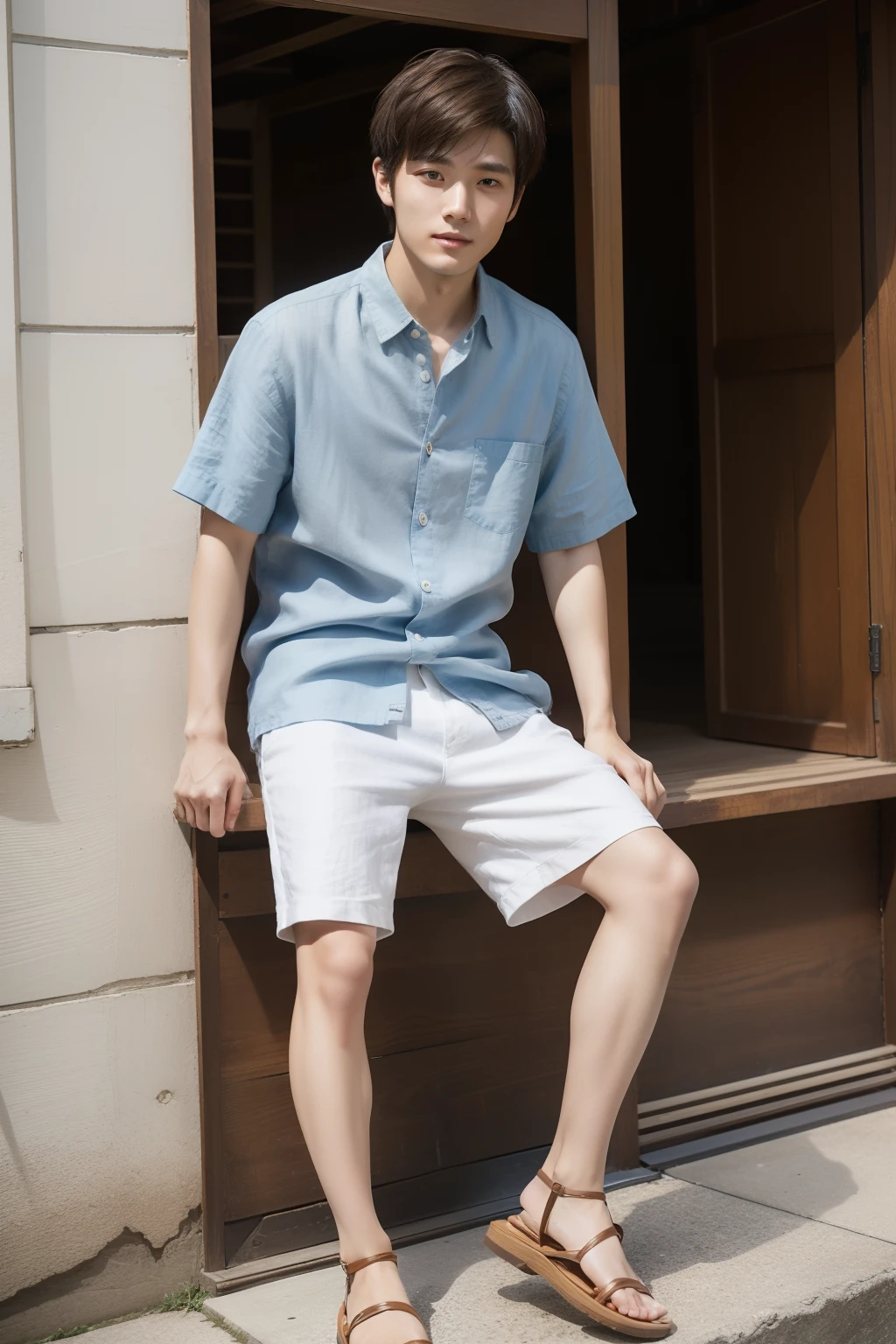 Portrait of 25 years old Japan man for hair catalog。Casual scene in spring and summer with smart style。Hairstyle emphasizes texture with short hair。Hair color is ash brown。Blue linen shirt for top。White shorts with bottoms。Brown leather sandals underfoot。