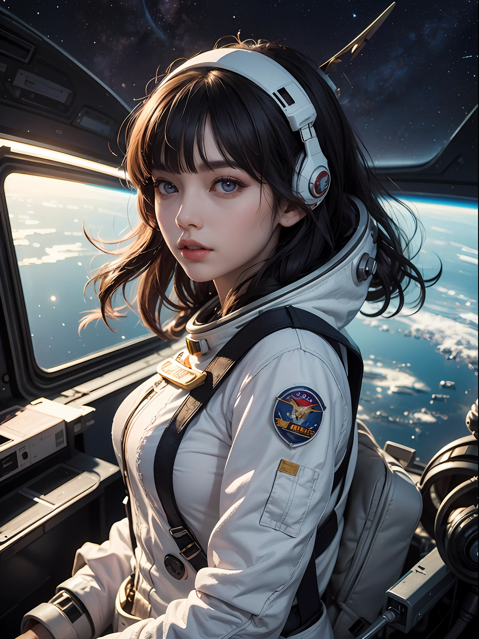 Unbeatable masterpiece, Ultra photo realsisim, Perfect artwork, Intricate details, Best quality, Strong light,High contrast, Solo , Large breasts , Misiphus , 1girll ,(Soviet spacesuit:1.1) , Patterned epaulettes, furnace , Staravia , themoon ,Misiphus , Floating hair , Floating in the air ,Science fiction , space station , helmet in hand ,Headgear , Black hair , Wavy hair , Long hair ,(Blunt bangs) , Floating hair , Purple eyes ,White pupils