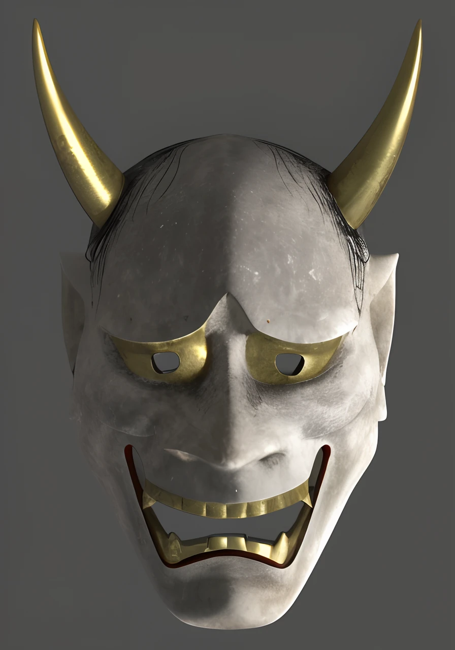 Smooth surface that glows white,The whole thing shines white like pottery,Close-up of mask with horns and gold teeth, 3d model of a japanese mascot, Samurai Mask, inspired by Kaigetsudō Anchi, PBR rendering, oni horns, kabuki mask, rendered in maya, tengu mask, extra detailed face