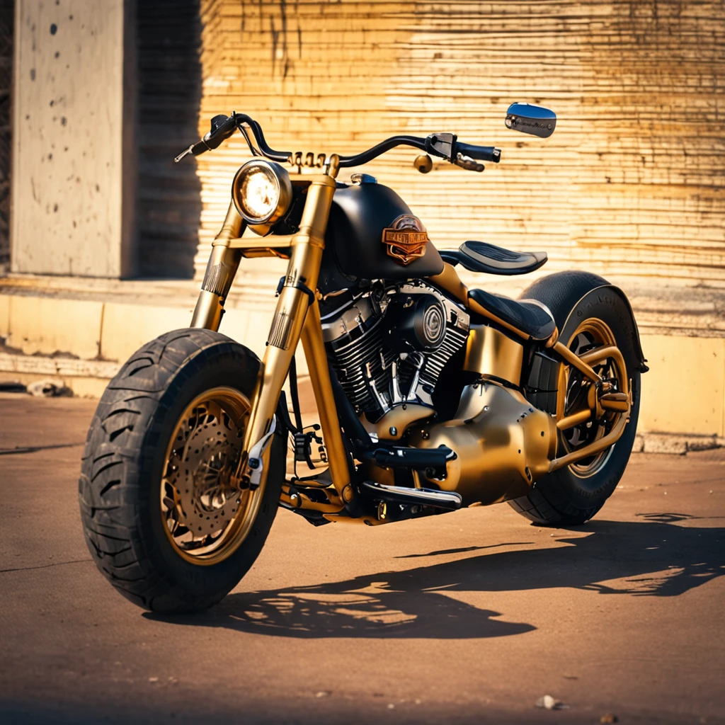 Harley-Davidson Fat Boy，golden colored，Retro，madmax ,The mechanical feel is full，Form in the desert
