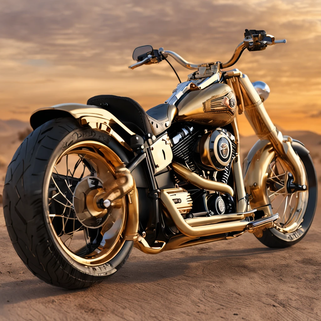 Harley-Davidson Fat Boy,golden colored,Retro,madmax ,The mechanical feel is full,Form in the desert