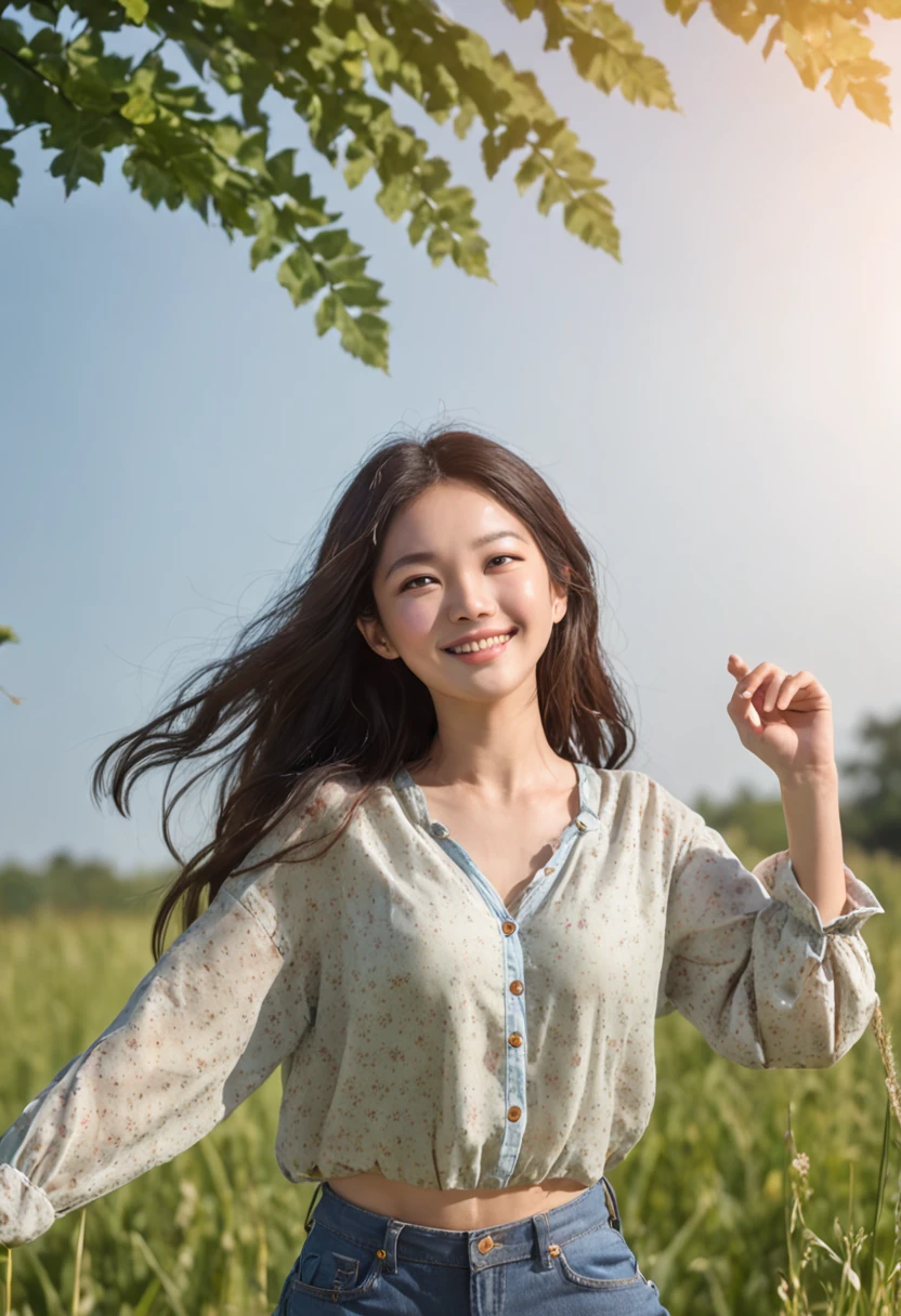 Ultra-high skin detail, Perfect facial details, Black hair, Big hair, clover hair ornament, Moles under eyes, Light smile, (Blue sky:1.3), A girl in a floral shirt and jeans dances on high grass, The grass sways in the wind, Smile, Flowing hair, sun shinning on hair, Solo, with a tree in the background，The canopy is large，(Long legs:1.2), Printed trousers, plump, head out of frame, projected inset, f/1.8, 135mm, Fuji Film, hyper HD, Anatomically correct, Textured skin, High details, Award-Awarded