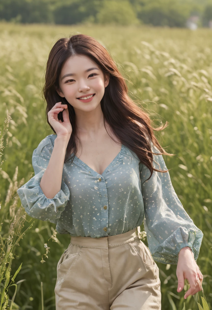 Ultra-high skin detail, Perfect facial details, Black hair, Big hair, clover hair ornament, Moles under eyes, Light smile, (Blue sky:1.3), A girl in a floral shirt and jeans dances on high grass, The grass sways in the wind, Smile, Flowing hair, sun shinning on hair, Solo, with a tree in the background，The canopy is large，(Long legs:1.2), Printed trousers, plump, head out of frame, projected inset, f/1.8, 135mm, Fuji Film, hyper HD, Anatomically correct, Textured skin, High details, Award-Awarded