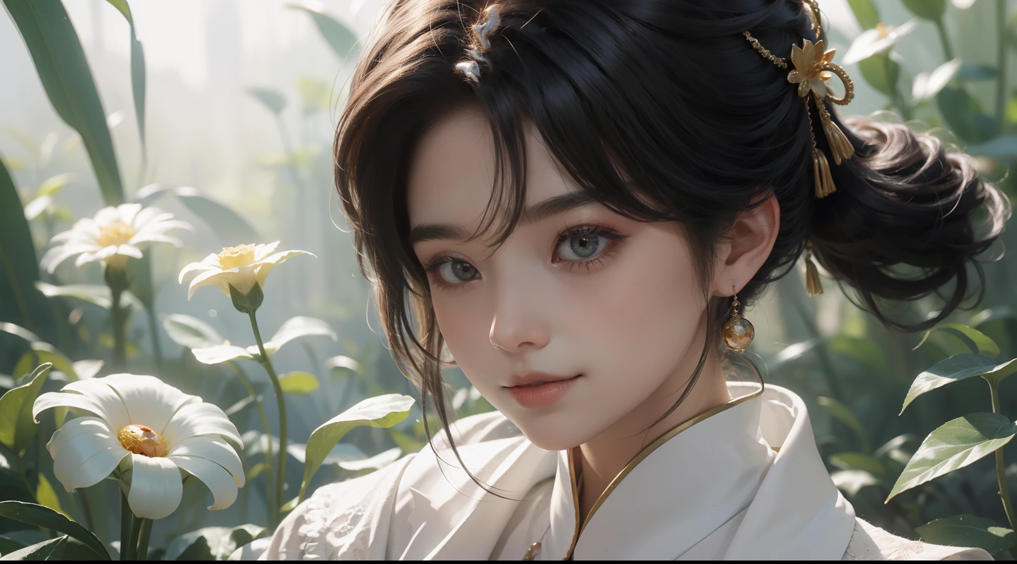 (((Goldfish))),(Flying Goldfish:1.3),1 girl,upperbody closeup,Lateral face,Wearing a Tang costume,Super fine face, Delicate eyes, Double eyelids, Smile,Fantastic scenes,Many-Layer Textures、Albedo e mapas Speculares、Irridescent color、Rich evolution,vivd colour,largeaperture、Low ISO、White balance、Glows in high detail, white backgrounid, studio lit, C4D, OC renderer, Clean shadows, 4K