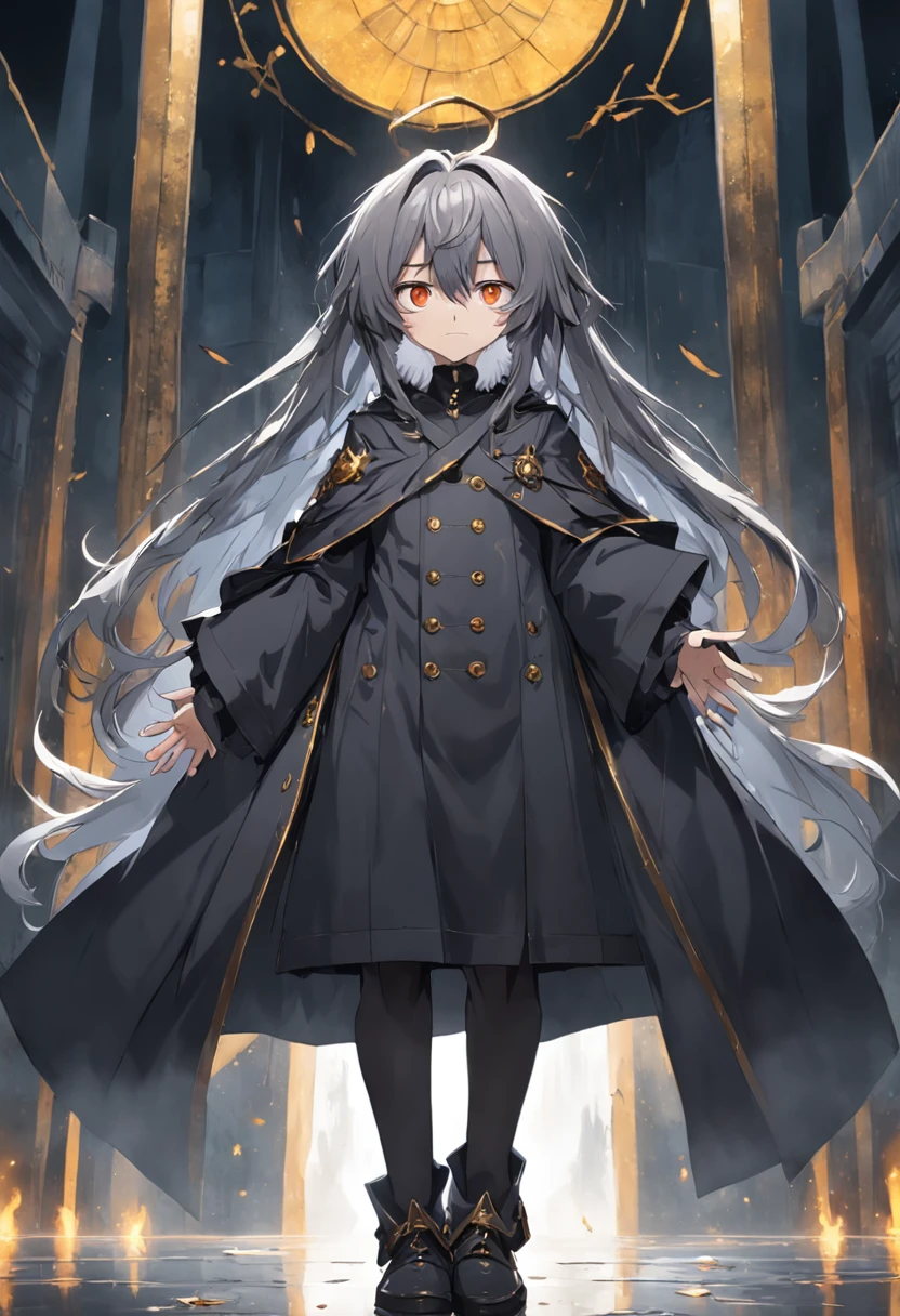 The eyes are dull，Pupil gray，Gray hair、messy shortt hair，shoun（Short in size）body type，The face is expressionless（or facial paralysis），A large black wizard hat with gold trim on his head，Light black trench coat（Does not fit、On the larger side，Not past the knees），Gray trousers，Dark black boots