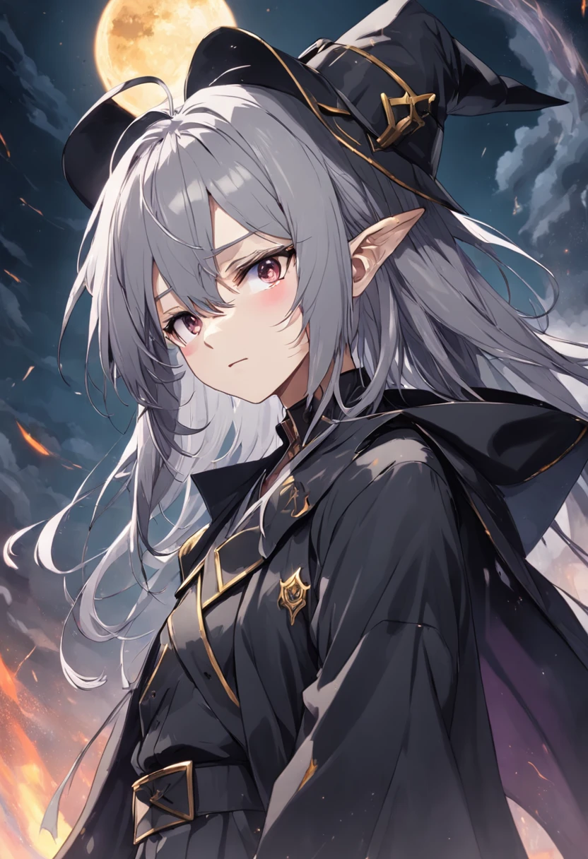 The eyes are dull，Pupil gray，Gray hair、messy shortt hair，shoun（Short in size）body type，The face is expressionless（or facial paralysis），A large black wizard hat with gold trim on his head，Light black trench coat（Does not fit、On the larger side，Not past the knees），Gray trousers，Dark black boots