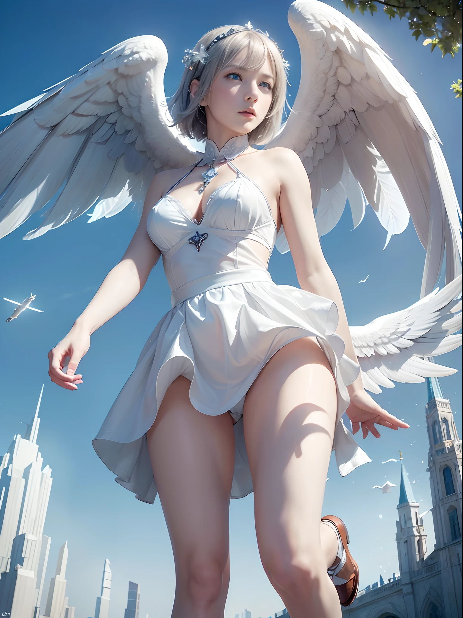 (Best Quality, Masterpiece: 1.1), (Realistic: 1.4), Beautiful naked girl is riding on the white eagle, god ray, teen, silver short hair, blue eyes, full body, from below, hourglass body shape, flying over the park, crystallineAI ,fractal art, splash