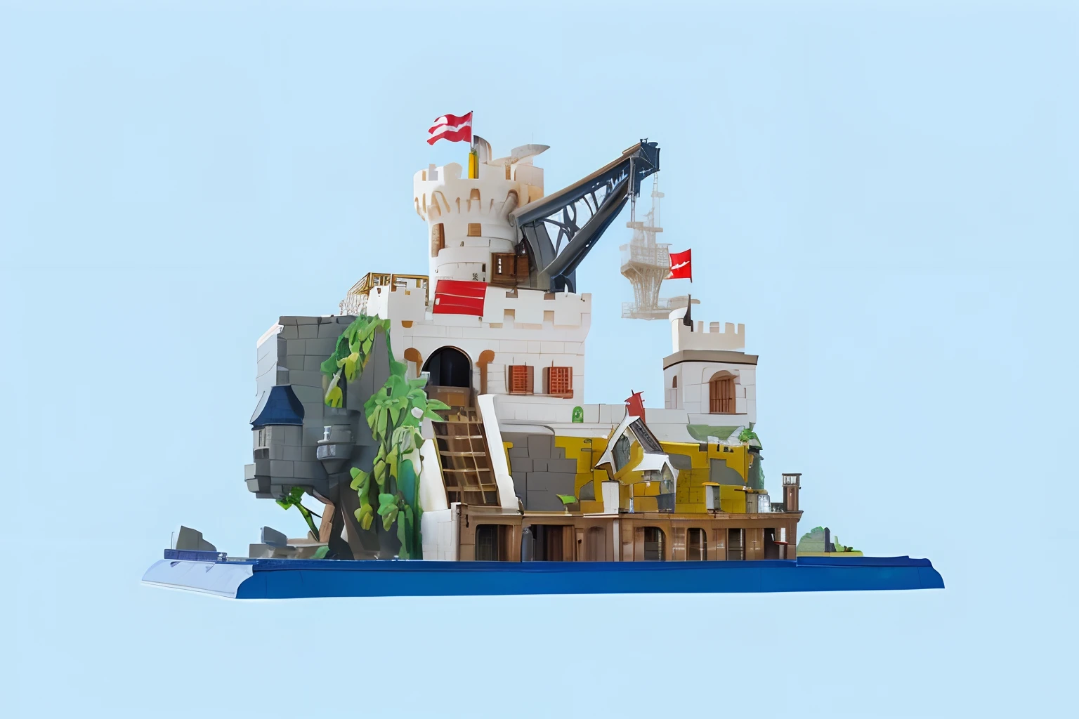 There is a castle，There is a crane on it, detailed wide shot, very very highly detailed, pirate setting, hq very detailed, Pirate ship, mega highly detailed, mining outpost, very high detail, ultra-detailliert, highly detailed shot, ultra-detailliert, also very detailed, very full detail, establishing shot, very very highly detailed, The details are good