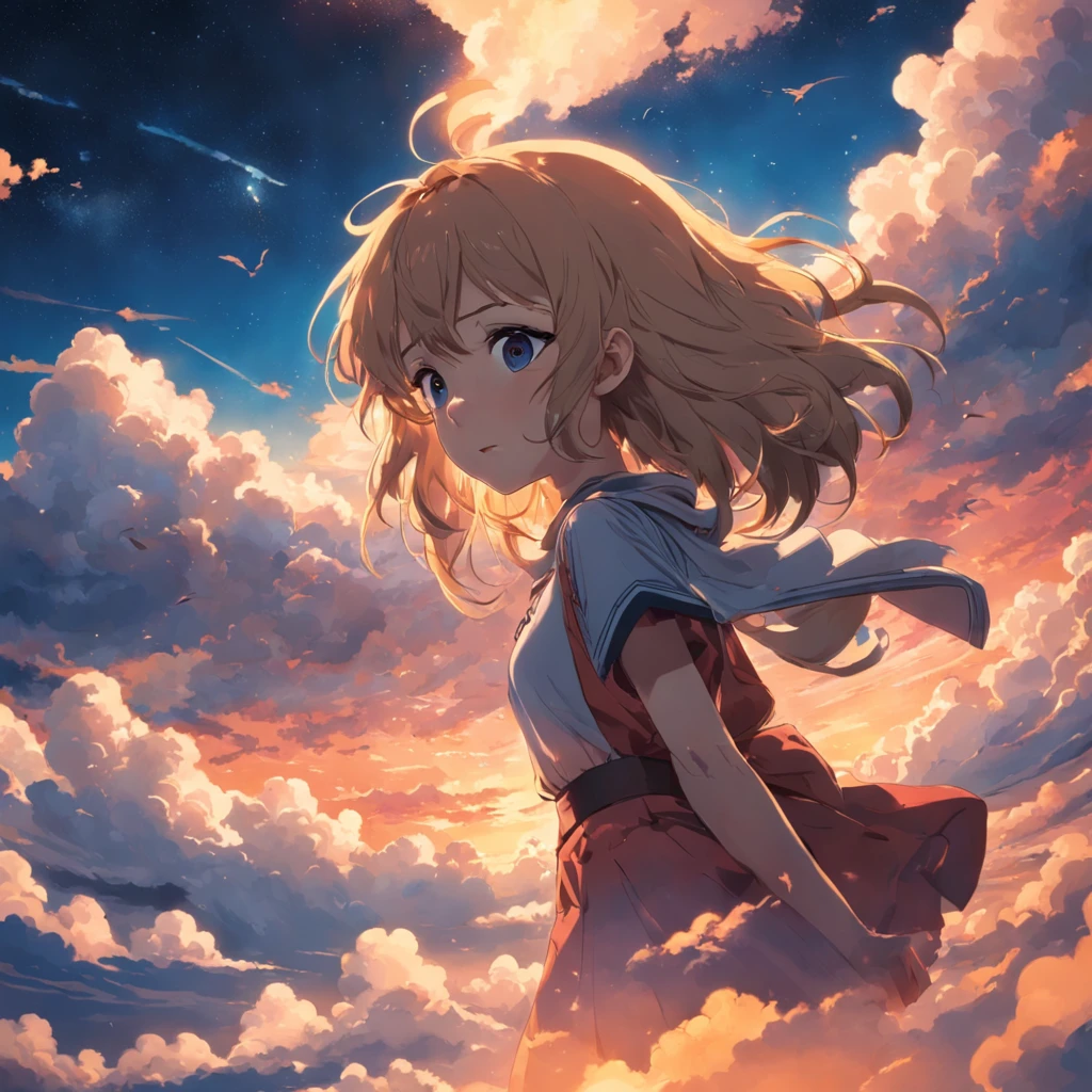 tmasterpiece,best qualtiy,cinematic Film still from,Cloud Boy,Floating in the sky,closeup cleavage,brightly,cheerfulness,Warm and soft lighting,the sunset,(spark of light:0.7)