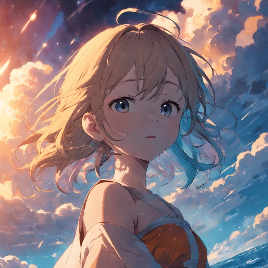 masterpiece, best quality, movie still, 1girl, cloud girl, floating in the sky, close-up, bright, happy, warm soft lighting, sunset, (sparks:0.7) A 5’2” gothic style girl with a relatively thin stature, a blue eye on her right, a grey eye on her right, thick shoulder length messy blonde hair, pale smooth skin, I cup sized boobs, large thighs, and a large bubble butt.
