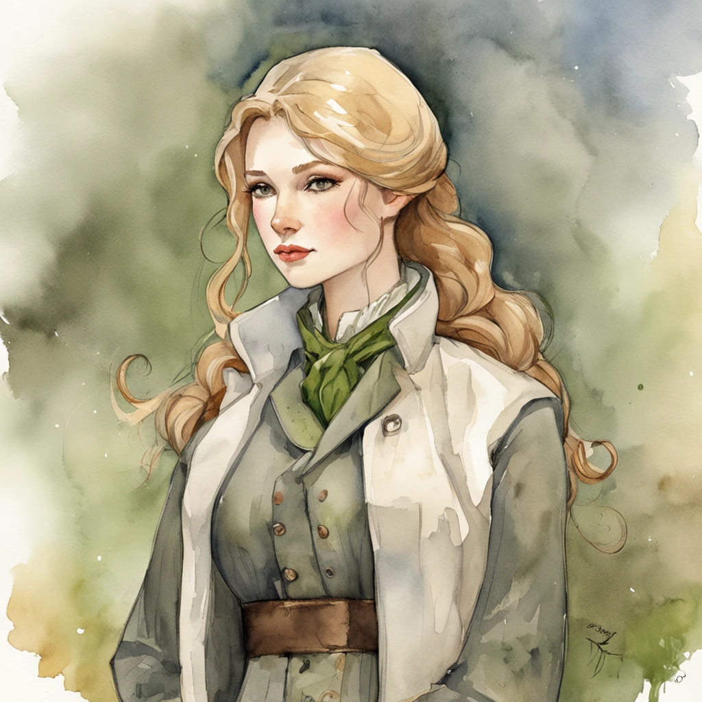 Lonely young adult girl, Tall stature, little chest, closed mouth, Slavic appearance: Green eyes; blond hair; sharp facial features; dimple on the chin; Straight nose; high nose; pronounced high cheekbones; high forehead, stands upright, military uniform: gray double-breasted overcoat; gray pants, Full-length painting, black leather gloves, in the middle of the street, Background: A street with a stone paved road with European stone houses from the first half of the 20th century, High quality shadows, High quality of light, High quality clothing, Masterpiece picture quality, max detail, Masterpiece quality.