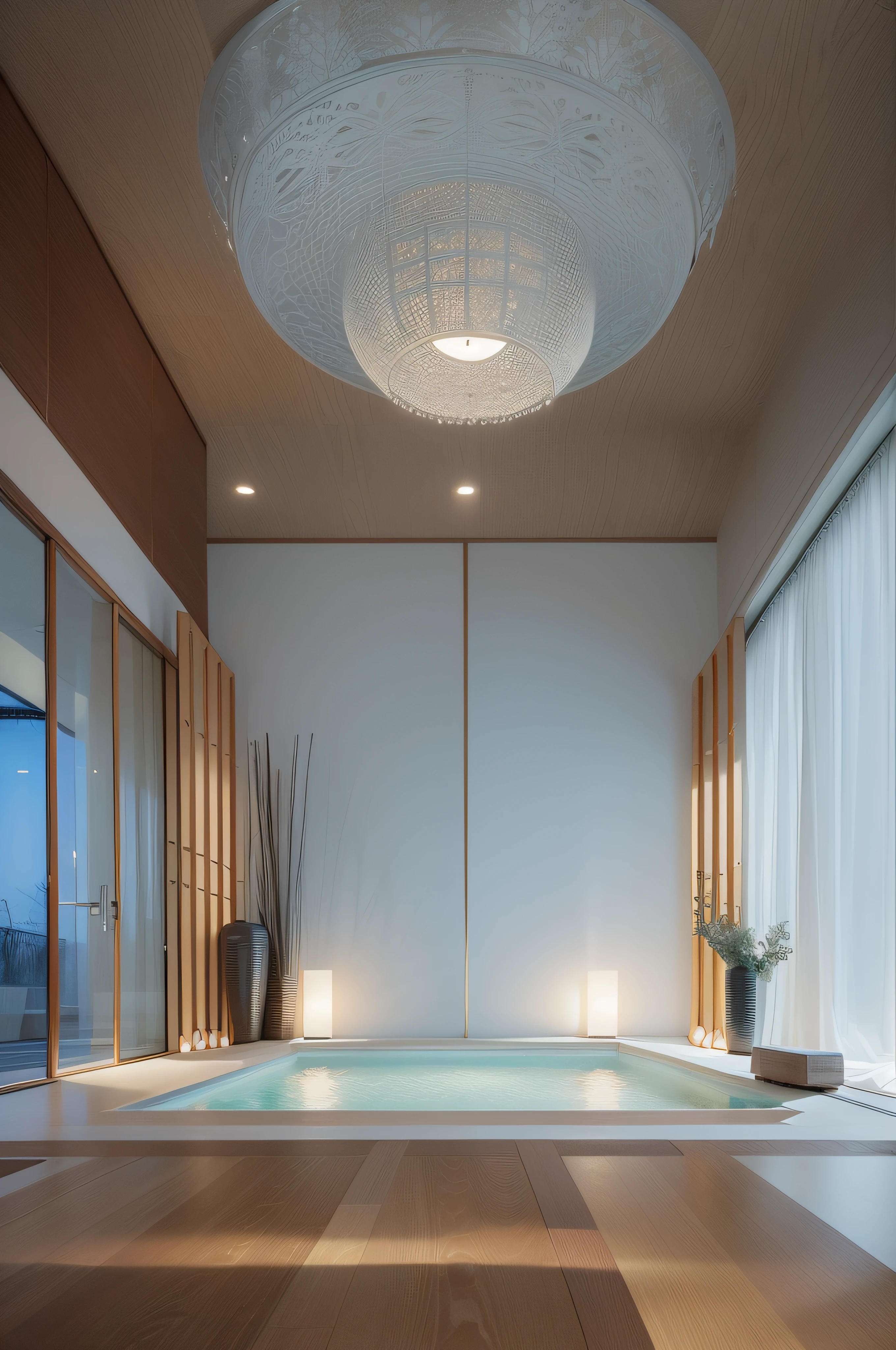 In a tranquil spa, Soft and soothing lighting softly illuminates the entire space, creating a tranquil atmosphere