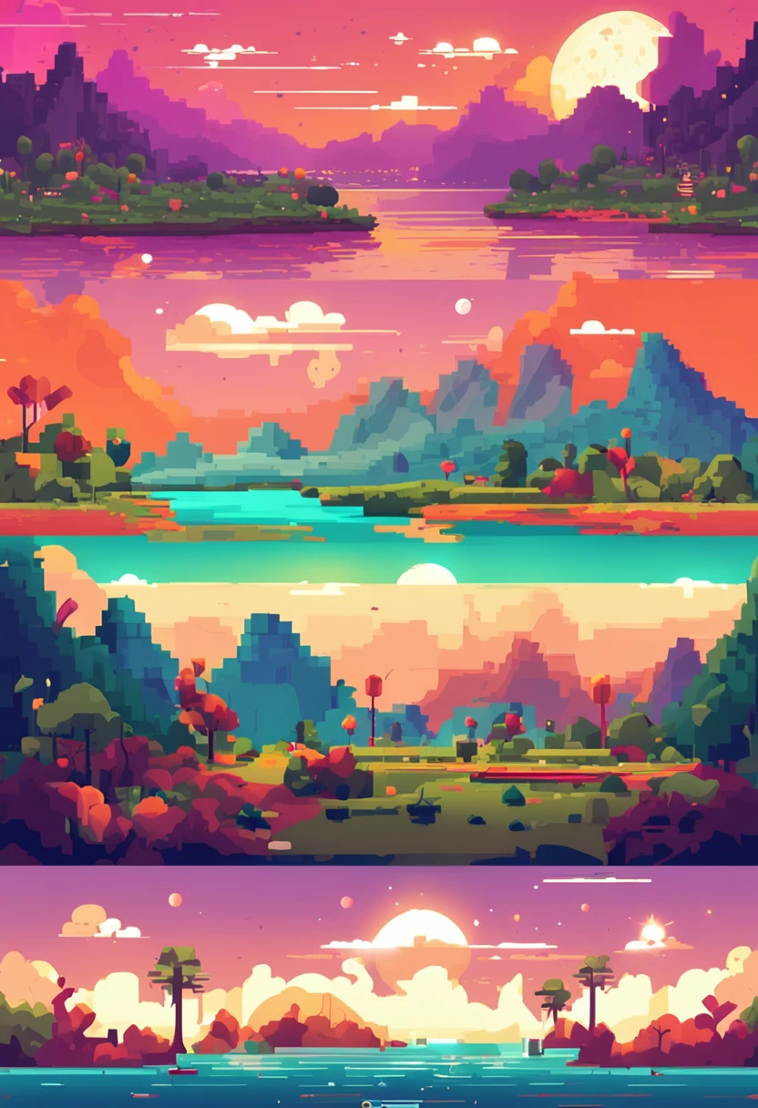 Pixel art, Flat design, hyper-high detail. Landscape universe