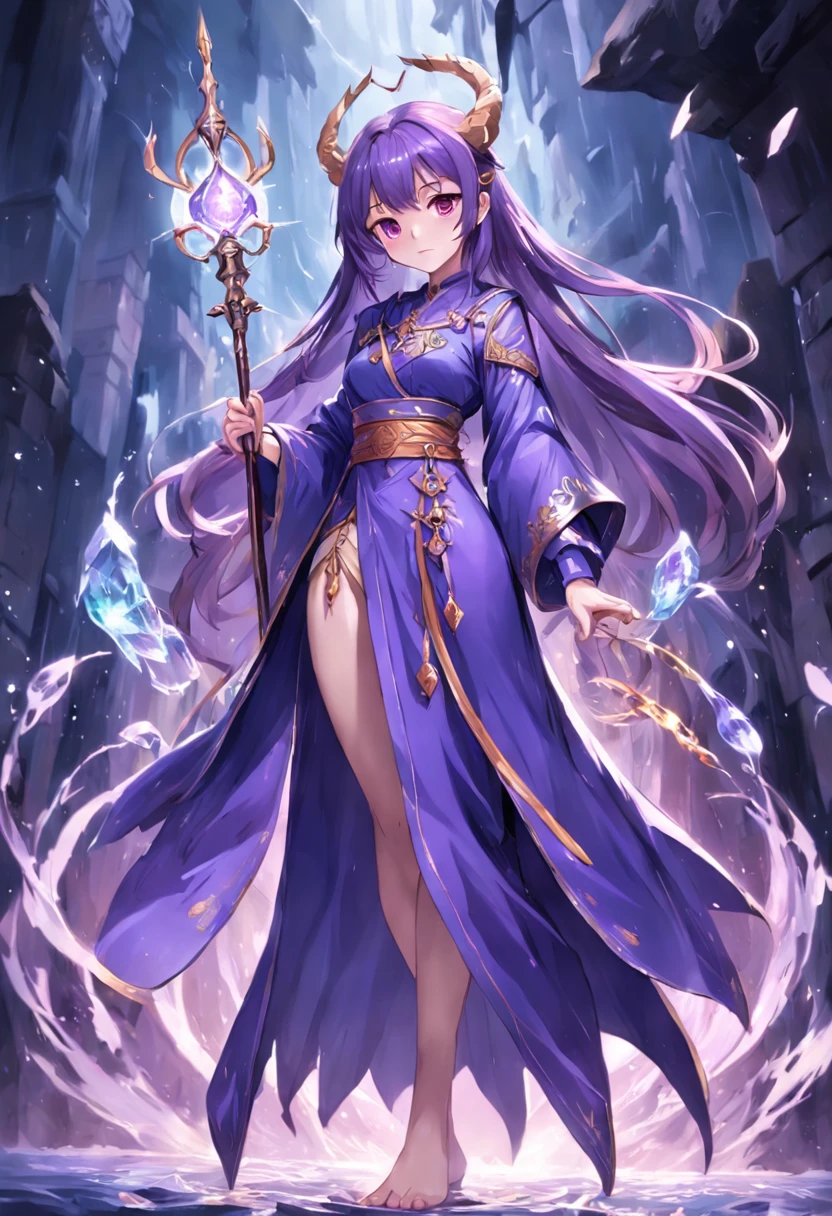 Game character standing drawing design，magestic，Gorgeous purple robes wrapped around the entire body，Holding a stout, ornate staff set with magic gems，Water magic，Different layers are superimposed，Different angles，（full bodyesbian：1.4），solid color backdrop，clean backdrop，depth of fields，high light，Real light，Ray traching，oc rendered，Hyper-realistic，best qualtiy，8K，Works of masters，super-fine，Detailed pubic hair，Correct anatomy，