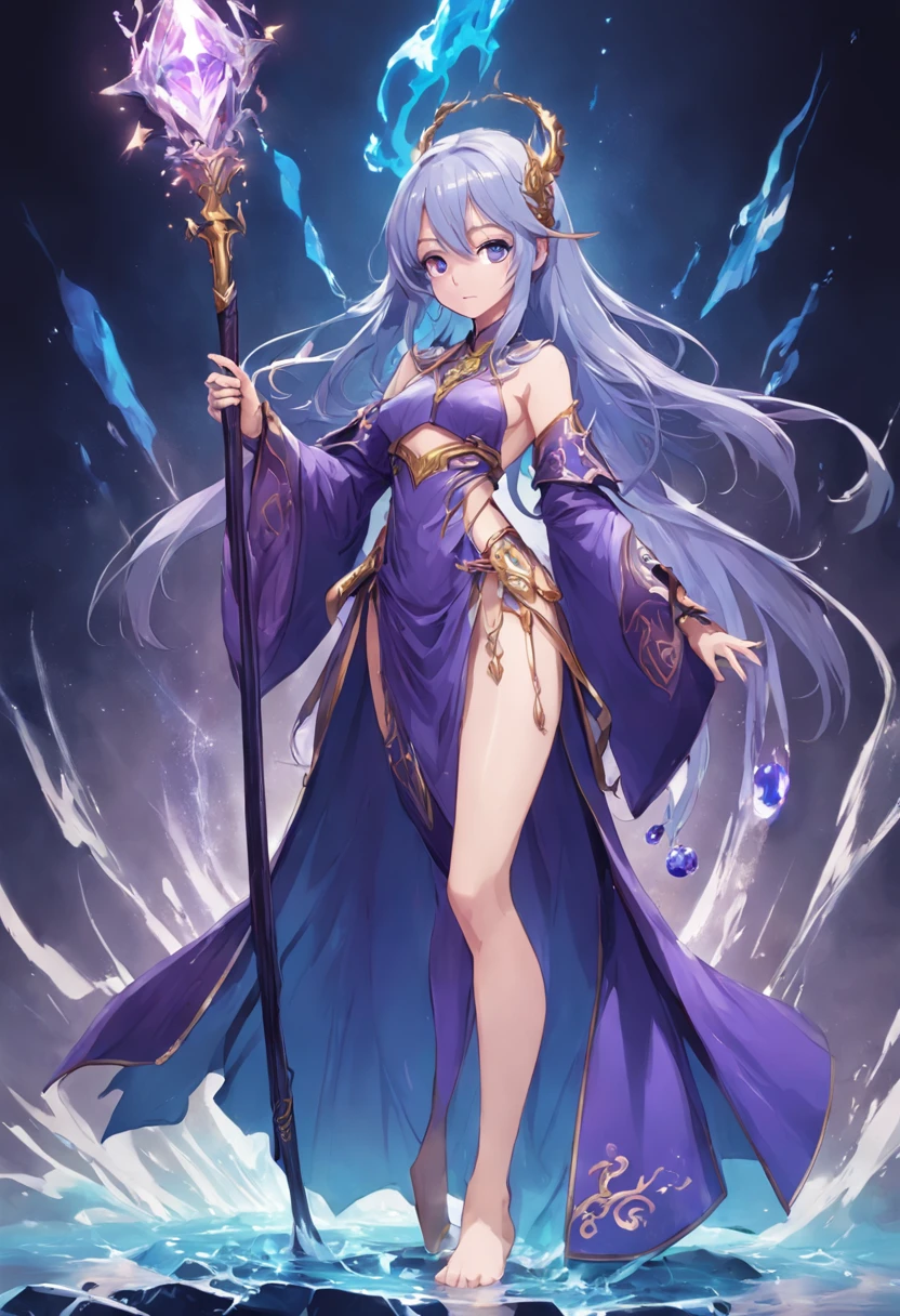 Game character standing drawing design,magestic,Gorgeous purple robes wrapped around the entire body,Holding a stout, ornate staff set with magic gems,Water magic,Different layers are superimposed,Different angles,(full bodyesbian:1.4),solid color backdrop,clean backdrop,depth of fields,high light,Real light,Ray traching,oc rendered,Hyper-realistic,best qualtiy,8K,Works of masters,super-fine,Detailed pubic hair,Correct anatomy,