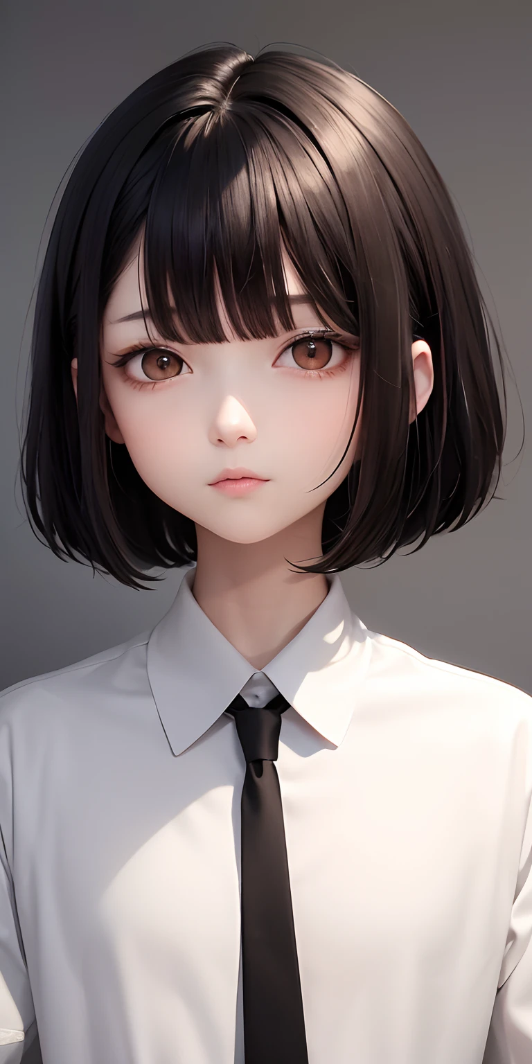 best quality, masterpiece,black hair, brown eyes,white clothes, looking up, upper body,hair strand,Fair skin, layer wolfcut hair