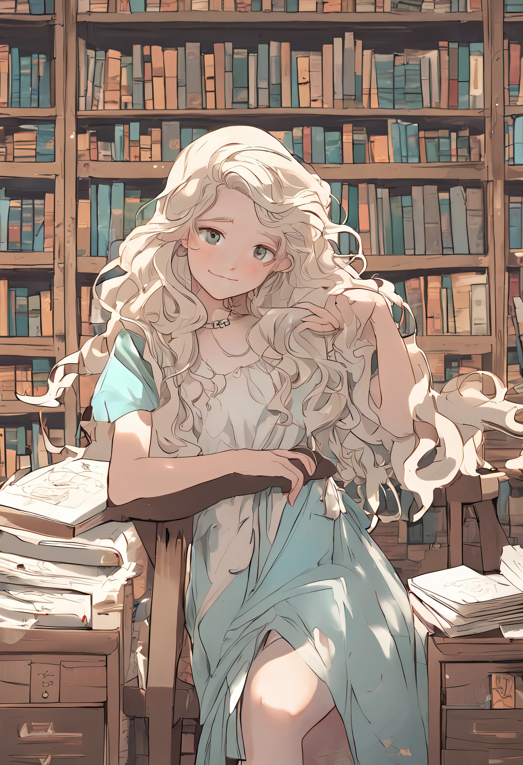 Long white-blond curly hair,White teenage girl,Light blue eyes,Dark green backless long dress,There are two freckles on the left cheek,Stand in front of the bookshelf,with fair skin,The eyes are large
