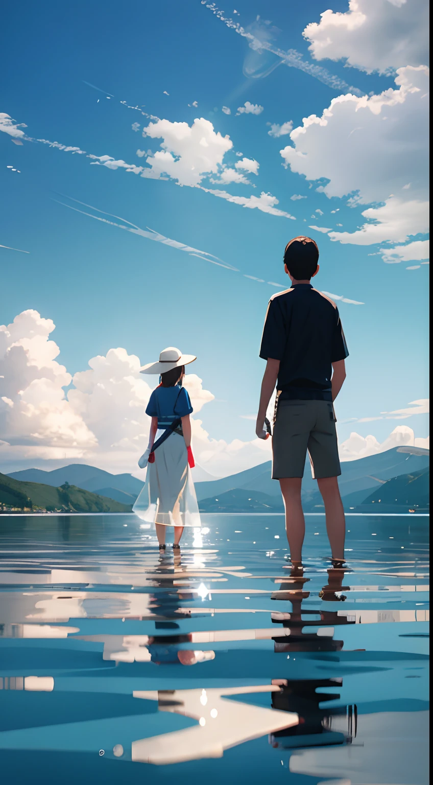 A man and a woman stand on the surface of the lake, scenecy, vanishing point,two point perspective, from below, tmasterpiece, best qualtiy, 8k, absurderes, waterface, 夏天, mid day, rays of sunshine, blue-sky, ssee-through, depth of fields, A high resolution, finedetail, ultra - detailed, Sharp focus
