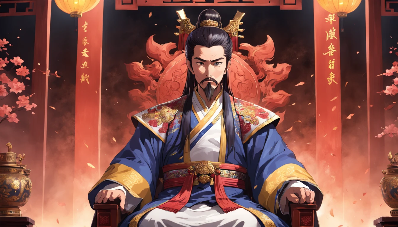 Best quality, Masterpiece, 超高分辨率, Emperor of China，wearing a hanfu，Asian people，age 55，Square face，Deep eyes，Beard，sitting on an royal throne，Look at the camera condescendingly，Behind it is a gorgeous pattern