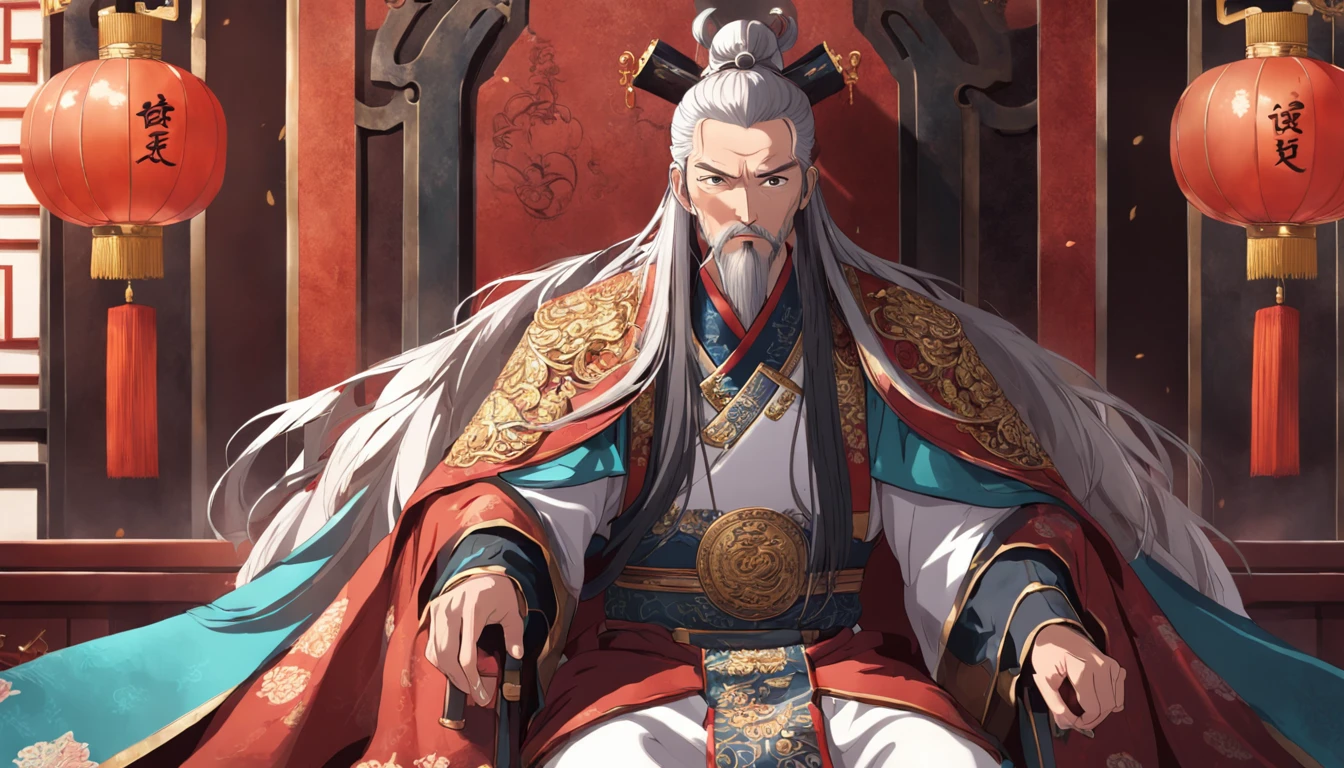 Best quality, Masterpiece, 超高分辨率, Emperor of China,wearing a hanfu,Asian people,age 55,Square face,Deep eyes,Beard,sitting on an royal throne,Look at the camera condescendingly,Behind it is a gorgeous pattern